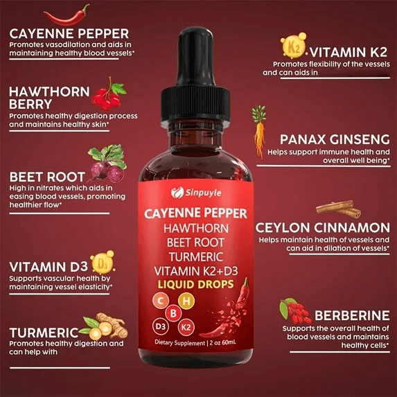 Pepe di Cayenna Spino Nero Radice di Barbabietola Turmeric Gocce Liquide Con Vitamina K2 D3 60ML