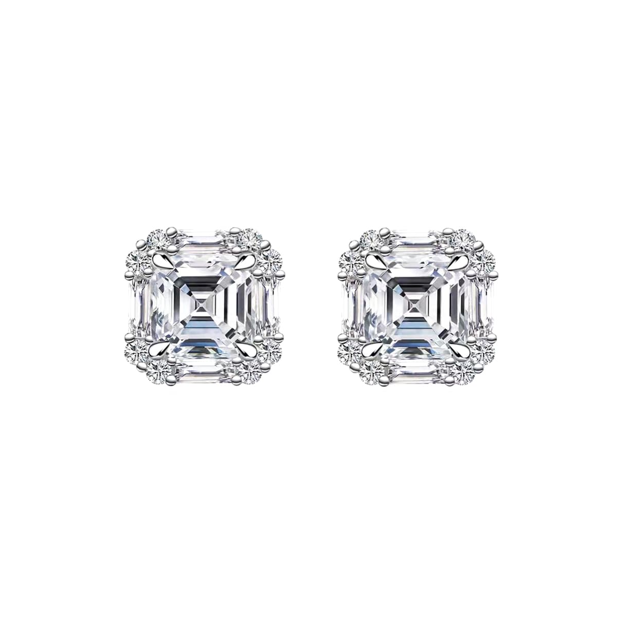Sterling Silber Halo Steckerohrringe, 6mm D-VVS1 Asscher Cut Moissanite, Platinschicht 2.6g