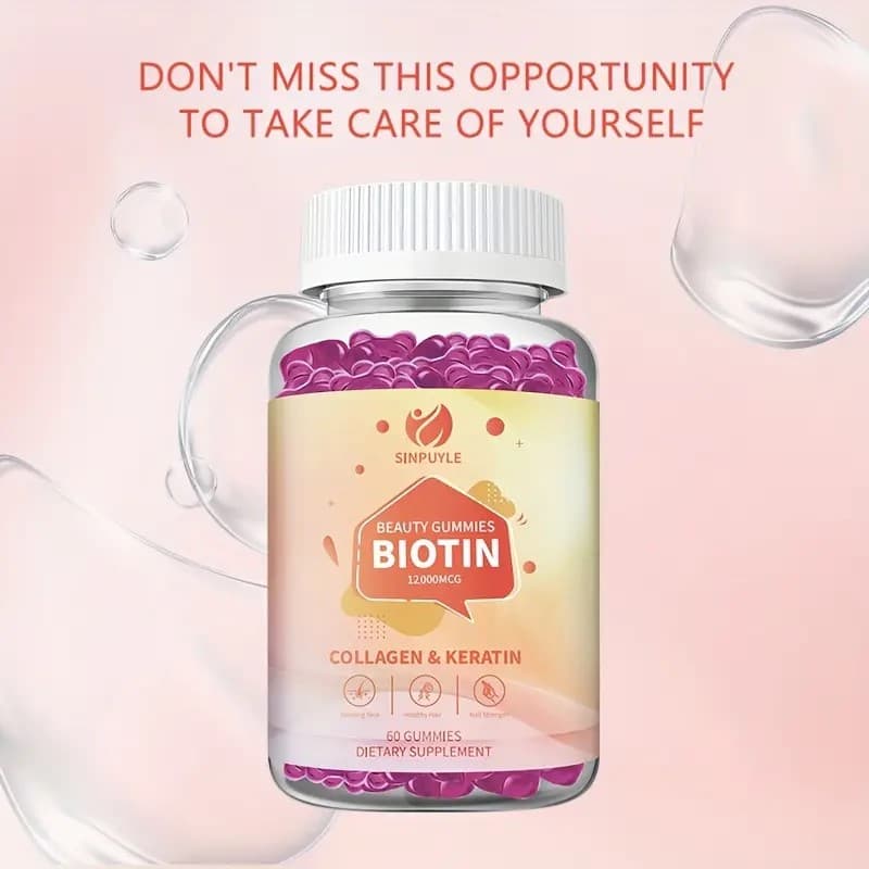 Gomme di bellezza Biotina 12000MCG con Collagene & Cheratina, Supporto per Capelli, Pelle e Unghie, 60 Confezioni