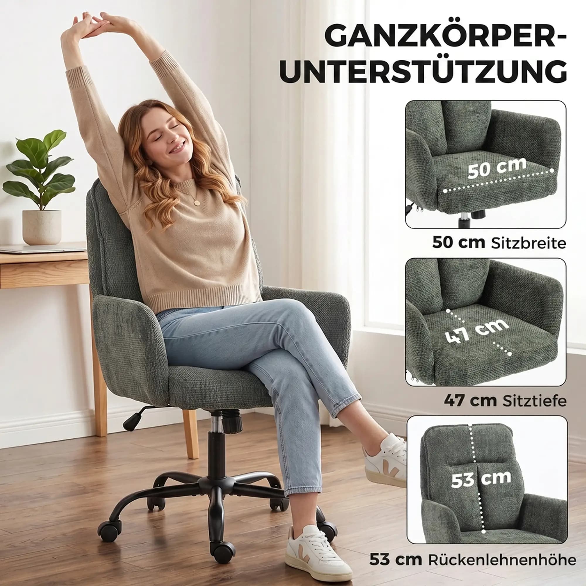 Chaise de bureau homeoffice, assise large, vert foncé