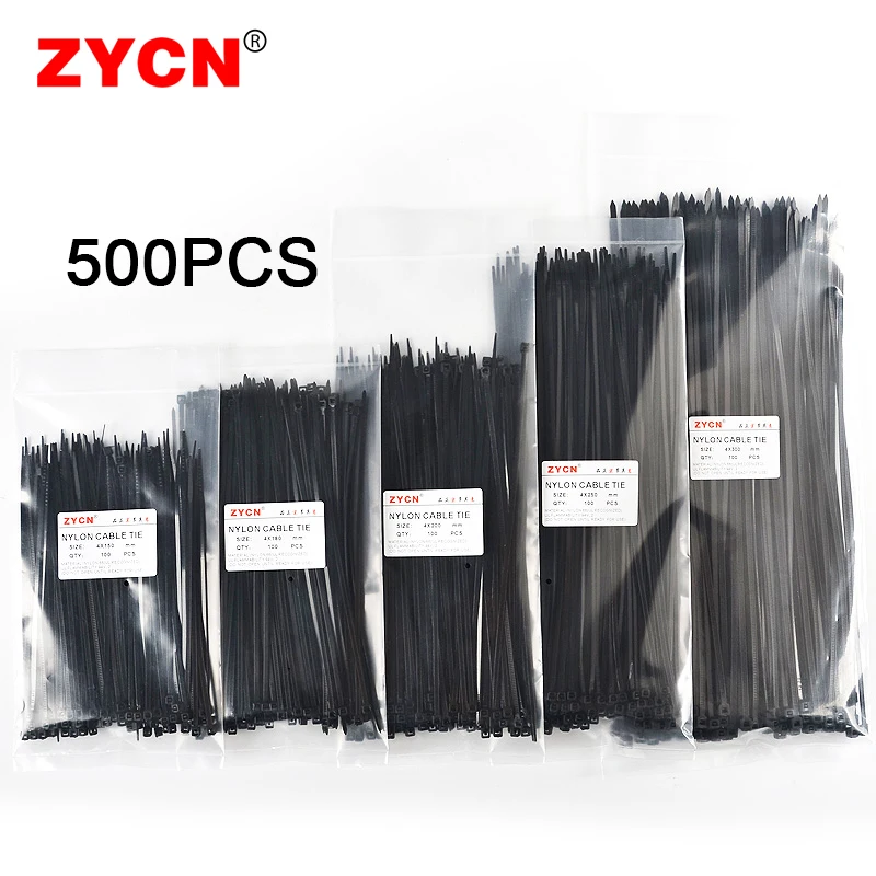 Übersetze von Englisch nach Deutsch: 500 Stück selbstsicherndes Nylon-Kabelbinder-Set, 3,5 x 250, 4,5 x 300, Kunststoff-Reißverschluss-Draht, 4–6–8–10