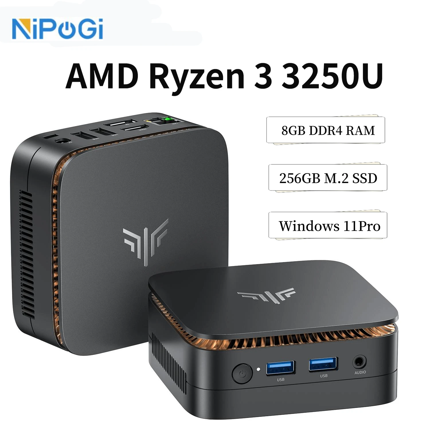 NIPOGI Mini-PC AMD Ryzen 3 3250U Desktop-Mini-Computer 8GB RAM 256GB M.2 SSD WiFi 5, BT 4.2, Dual 4K Display Windows 11 Pro