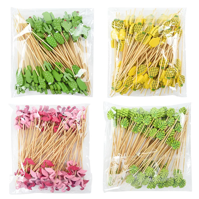 100 palillos tropicales Hawái flamenco hoja de palma brochetas de bambú fiesta de verano