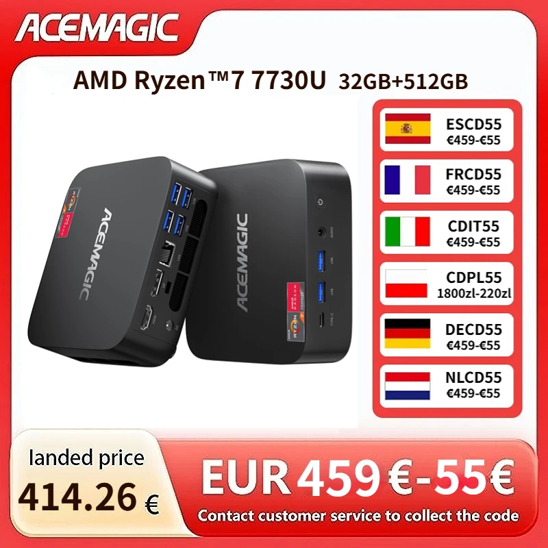 ACEMAGIC Mini-PC mit 32GB RAM, 512GB SSD, AMD Ryzen 7 7730U und Triple-4K-Monitor-Unterstützung