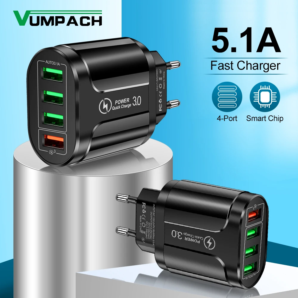 شاحن USB 45W 4 بورتات مع QC 3.0 ل iPhone 12, 11, Samsung, Xiaomi