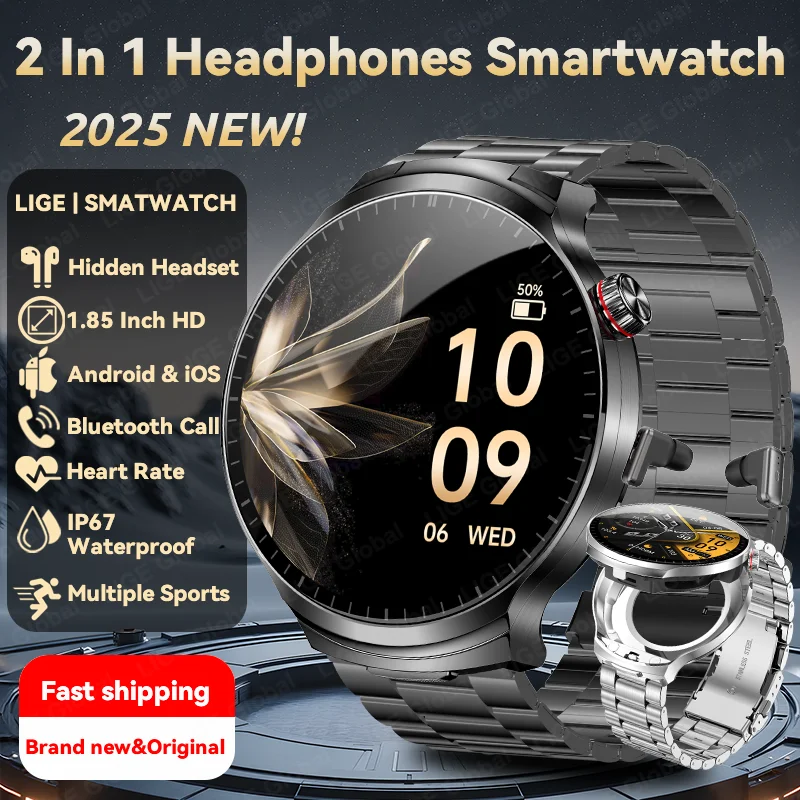 LIGE 2-in-1-Headset-Smartwatch, 1,85 Zoll HD, kabellos, Bluetooth, Anrufe, Gesundheitsmonitor, Sport-Fitnessuhren mit Kopfhörern