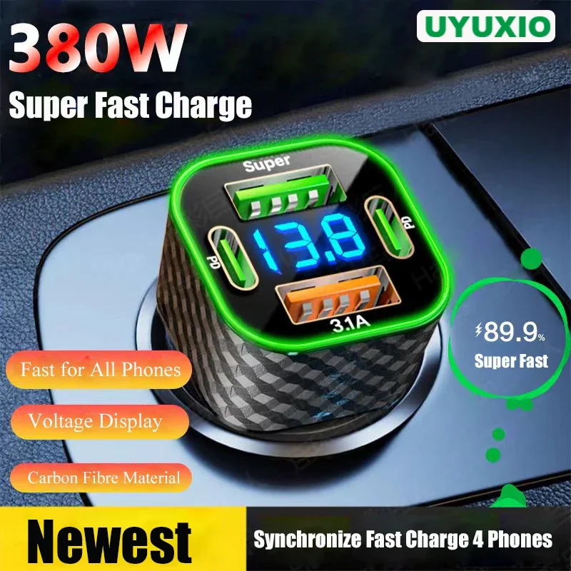 UYUXIO USB C Auto-Ladegerät Dual PD 4 in 1 mit Spannungsanzeige Superschnellladeadapter für iPhone, Xiaomi, Oppo, Vivo, Samsung