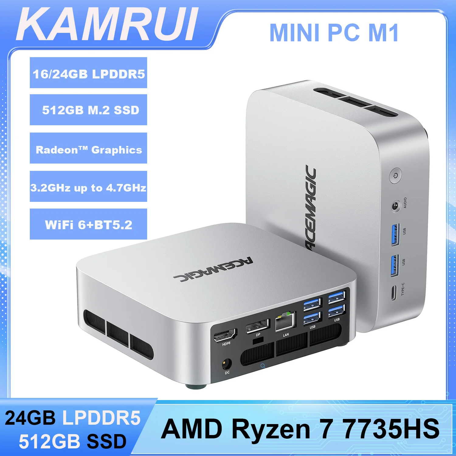 Mini-PC AMD Ryzen7 7735HS, 16/24GB LPDDR5, 512GB M.2 NVMe SSD, Radeon 4K, WiFi 6, Win11pro, per Gaming