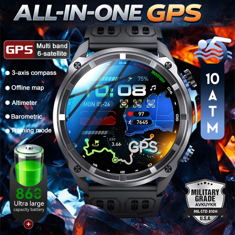 2026 Neue Militärische Multi-Band GPS Smartwatch 6 Satelliten Eingebaute Offline-Karte Kompass 10ATM Wasserdicht Sport-Tracker Smartwatch