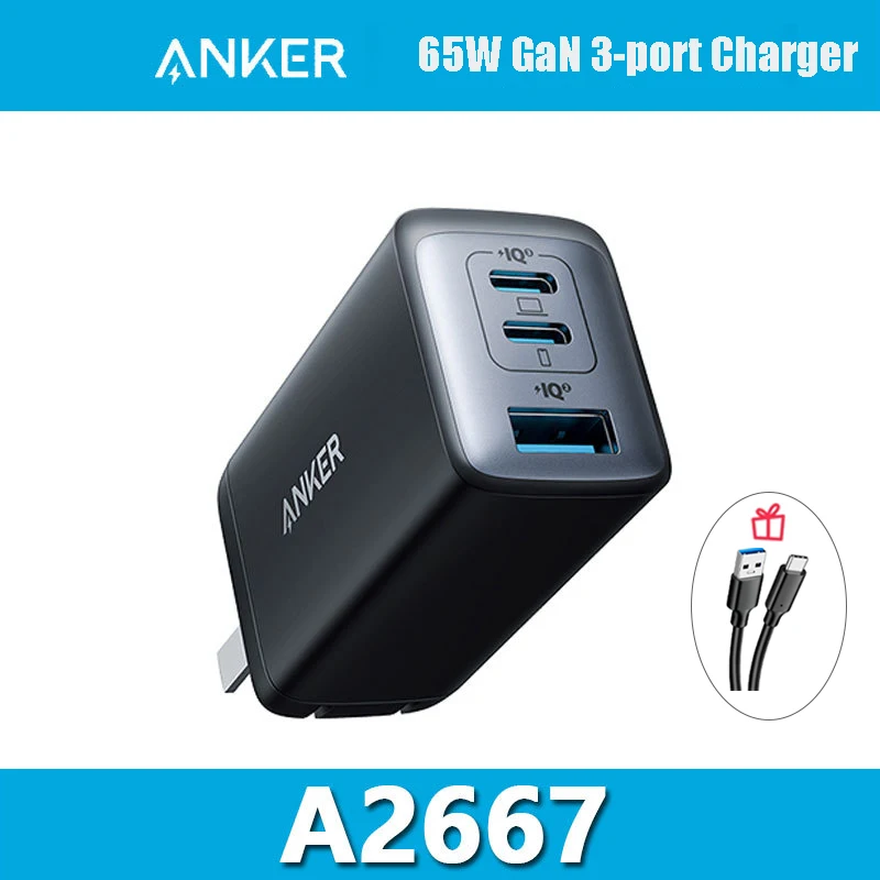 شاحن أنكر 735 65 واط غان نانو الثاني USB-C: شحن سريع، 3 بورت، قابل للطي للماك بوك، الاي باد، غالاكسي & سويتش
