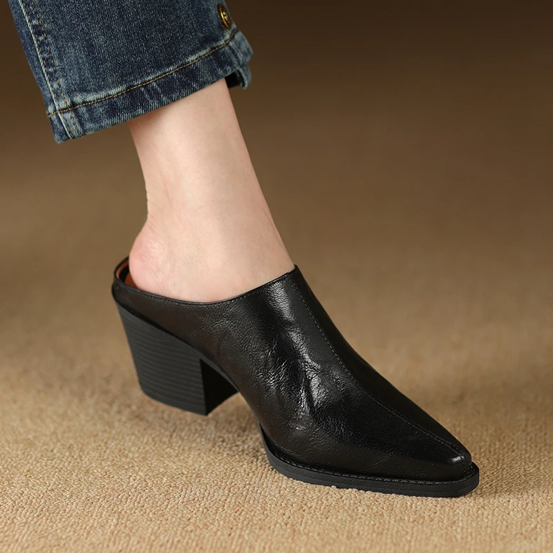 Mules en cuir à talons hauts pour femmes, escarpins à bout pointu, chaussures à la mode pour dames, nouvelle collection printemps été 2023