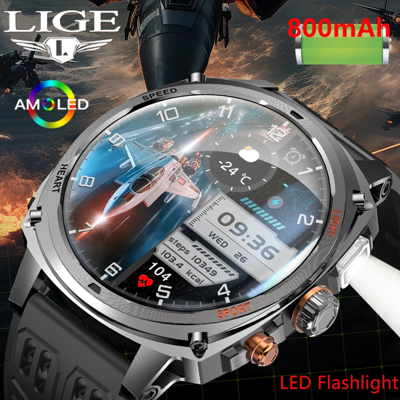 Robuste Militär-Smartwatch mit AMOLED-Display, LED-Taschenlampe und Bluetooth-Anruf