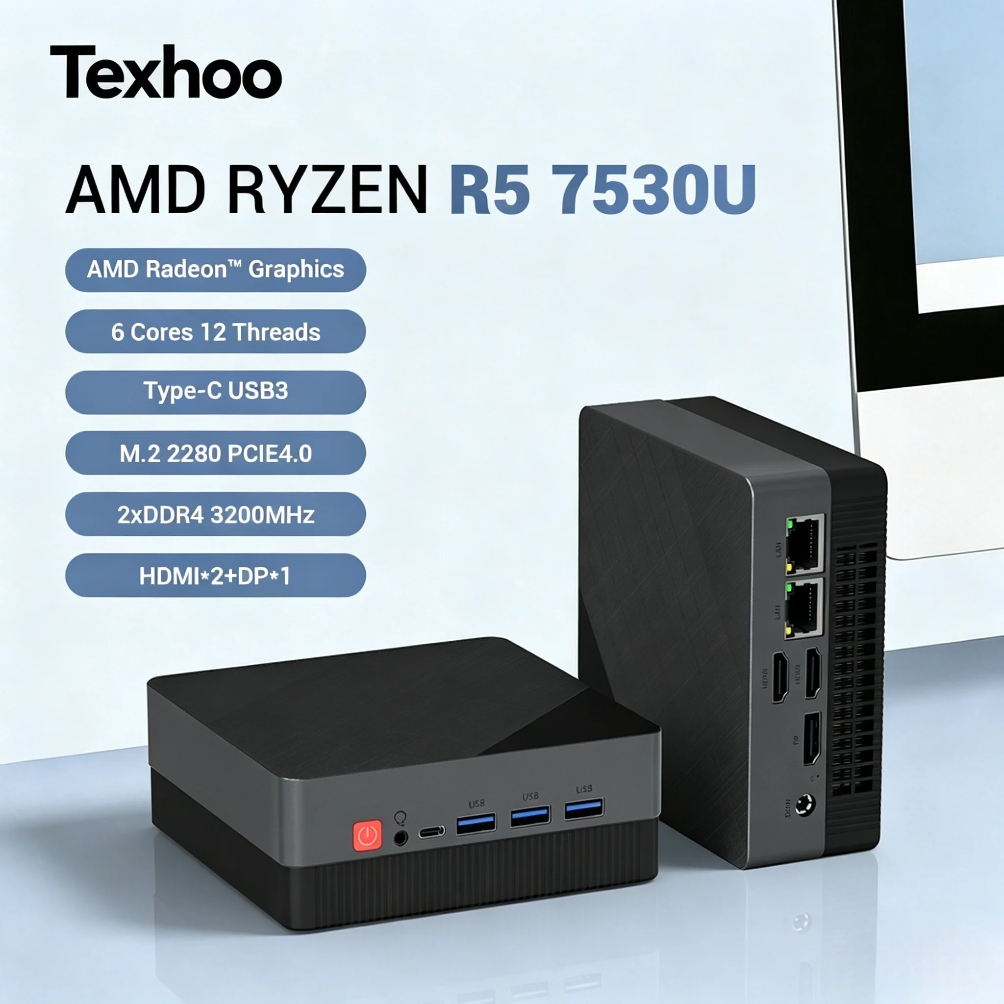 Mini PC AMD Ryzen 5 7530U Windows 11 Pro 8GB DDR4 2666MHz 256GB M.2 2280 NVMe WiFi6 BT5.2 Computer desktop per ufficio