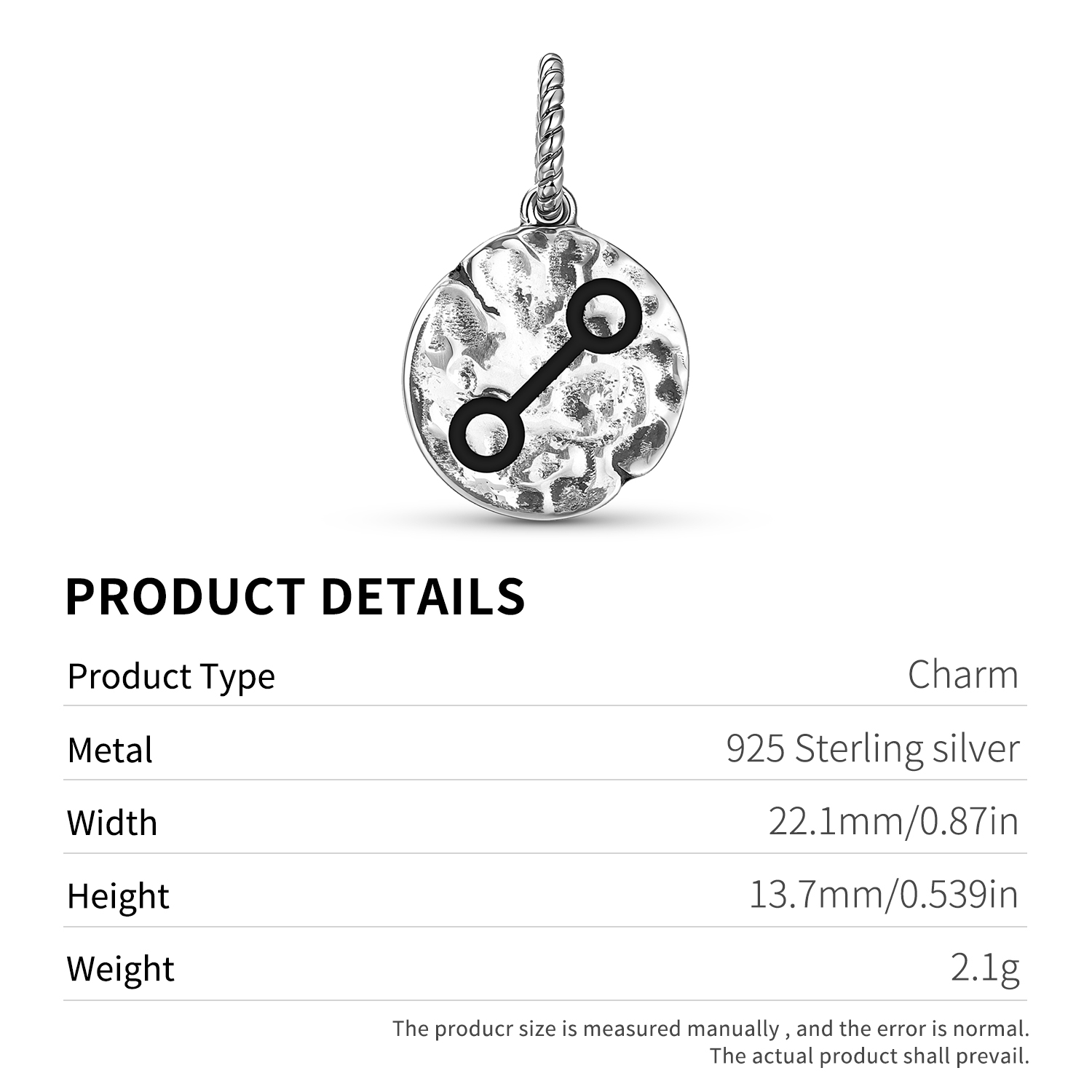 Astrologie-Gegensatz-Symbol 925 Sterling Silber Hand-Textur Dangle Charm für Charm-Armbänder