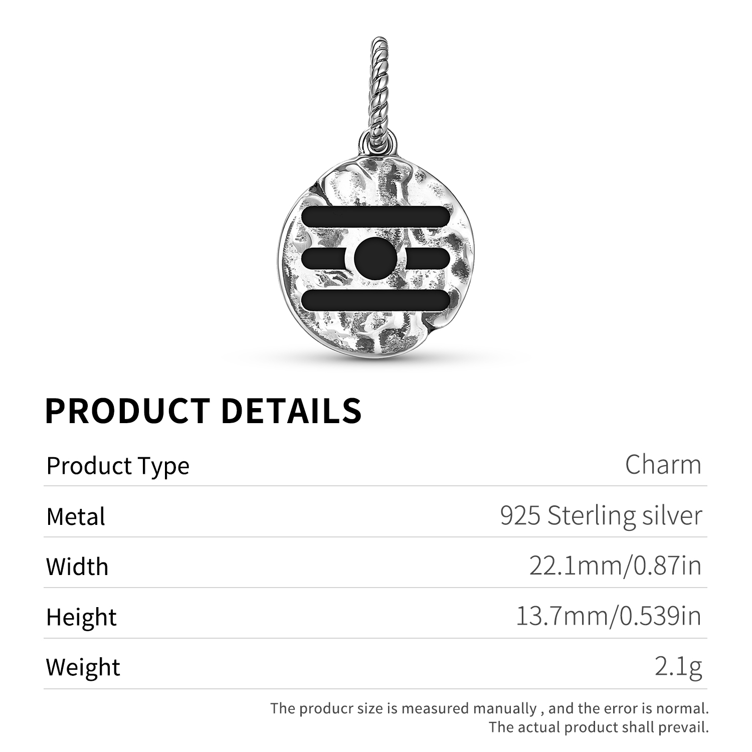 Hindu Tripundra Three Stripe Symbol 925 Sterling Silver Hand Textured Dangle Charm