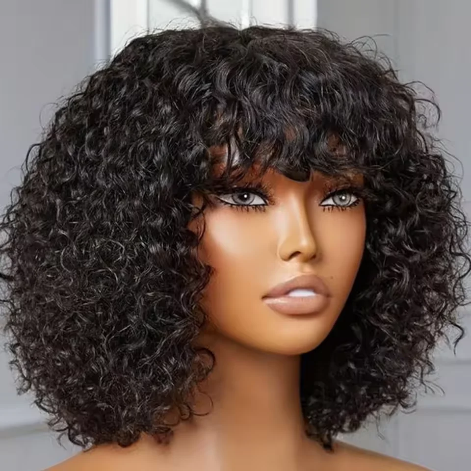 Jerry Curly Corto Pixie Bob Taglio Capelli Umani Parrucche Donne Con Frangia Peruviana Evidenziatore Acqua Onde