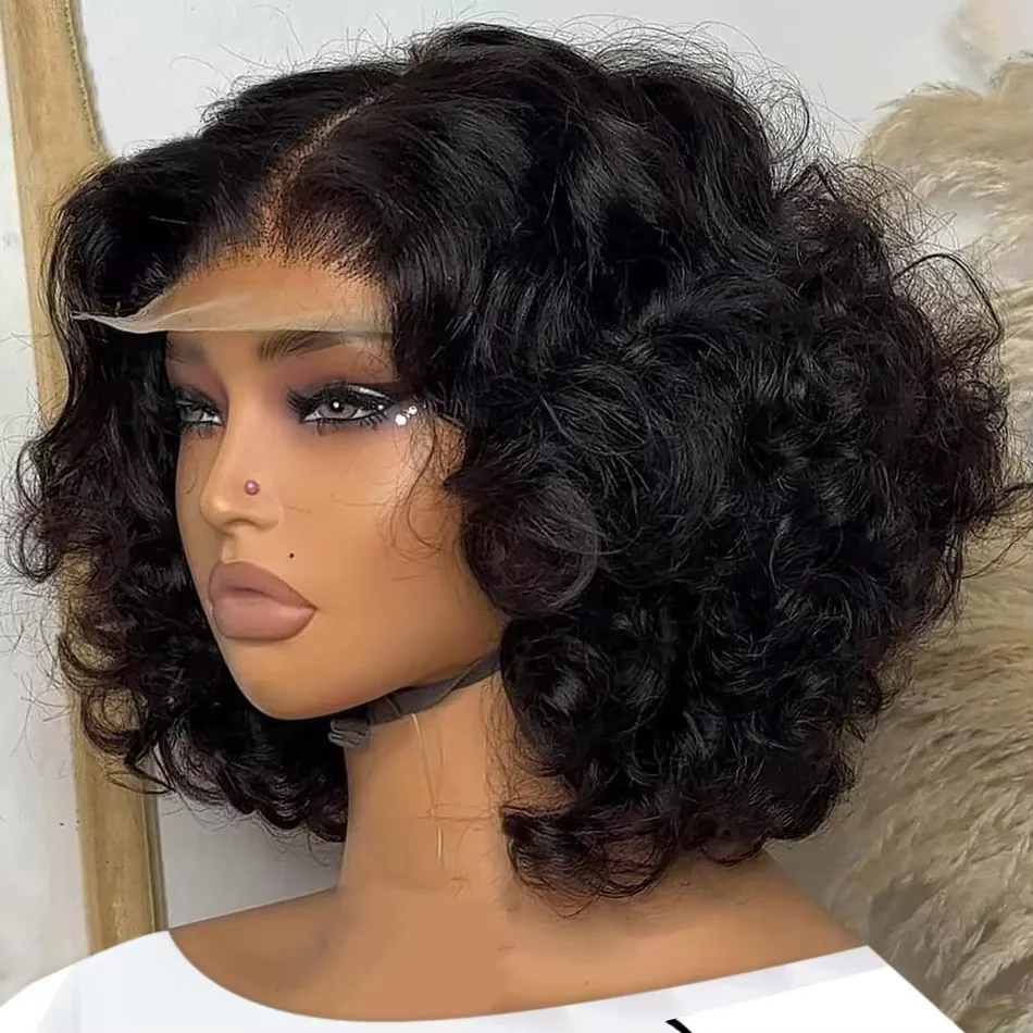 Parrucca a onde corpo 250% HD con frangia in rete, bob corta, capelli umani senza colla, onde morbide, 13x4, per donne