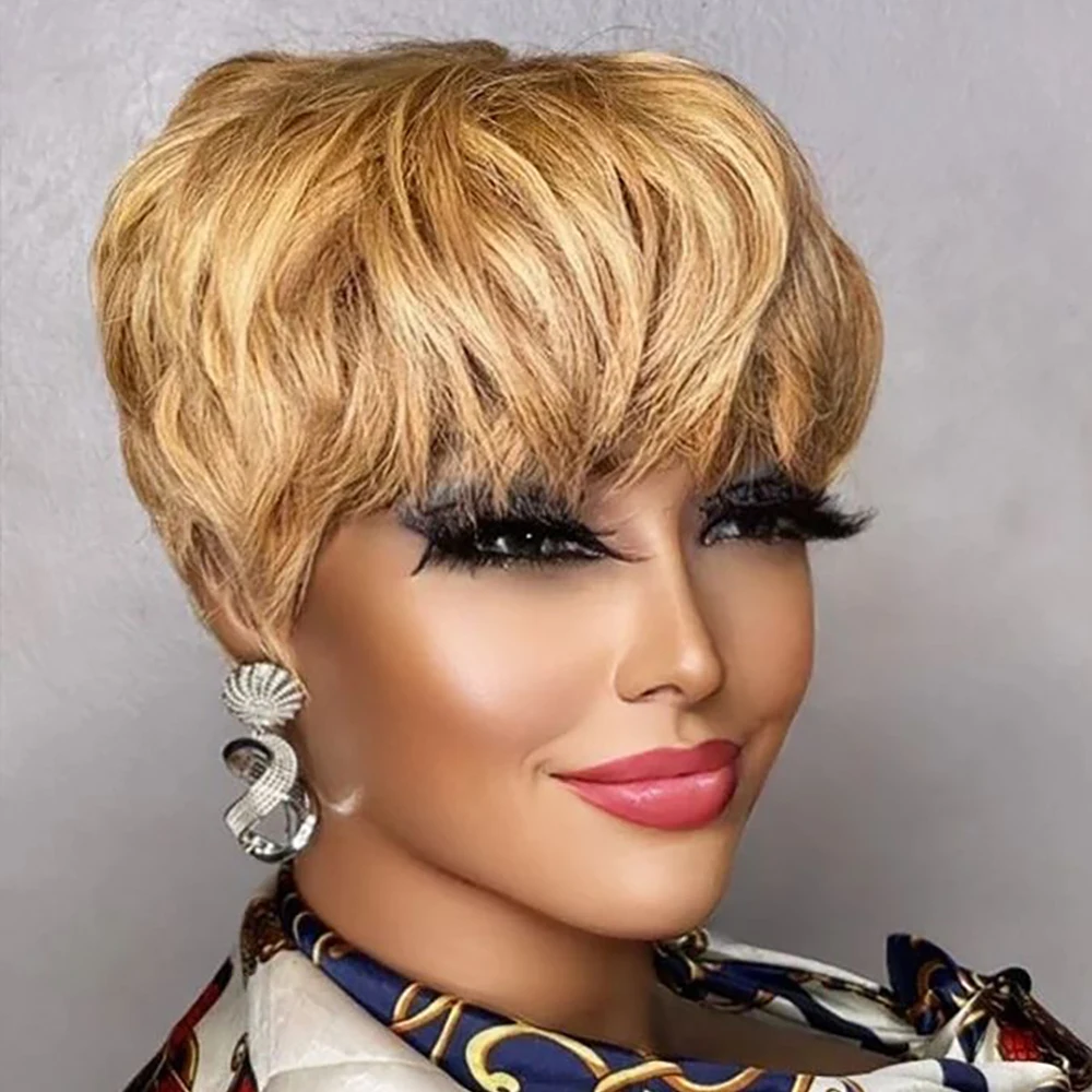 Parrucca castana corta alla moda pixie per donne nere con frangia, realizzata con capelli umani brasiliani.
