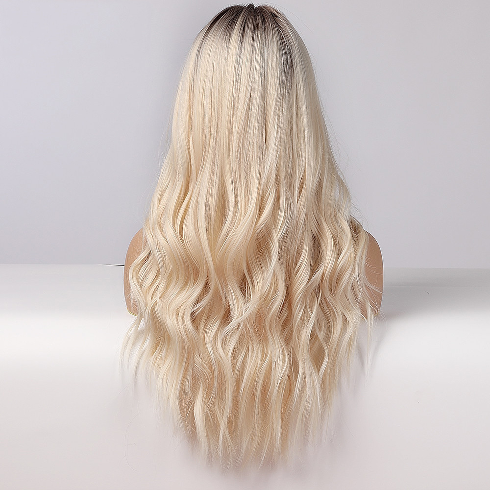Parrucca di stile europeo e americano per donna in fibra ad alta temperatura, capelli castani dorati con gradazione media, senza frangia, grandi onde e ricci