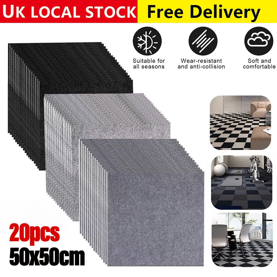 Neue 20x Teppichfliesen 5m² Premium-Bodenbelag 50x50cm UK