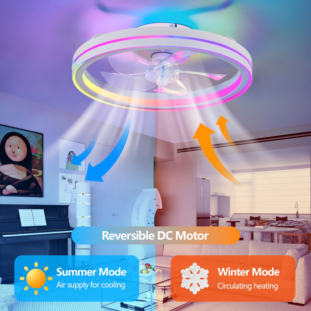 RGB Ceiling Fans With Lights, 19in Smart LED Ceiling Fan With Remote APP Control, Modern Low Profile Bladeless Chandelier Fan, Dimmable White Fandelie