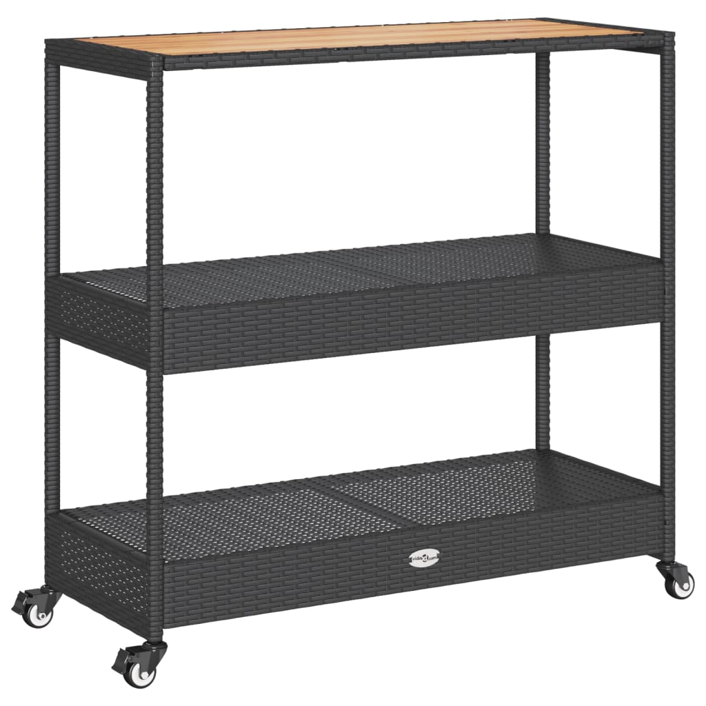 Servierwagen mit 3 Ablagen aus Polyrattan und Massivholz