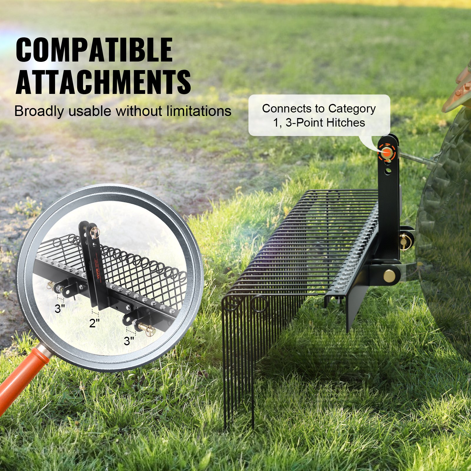 Tow Behind Landscape Rake, 72' Tow Dethatcher With 32 Steel Tines, Lawn Dethatcher Rake Attaches To Category 1, 3 Point Hitch For Tractor, For Leaves,