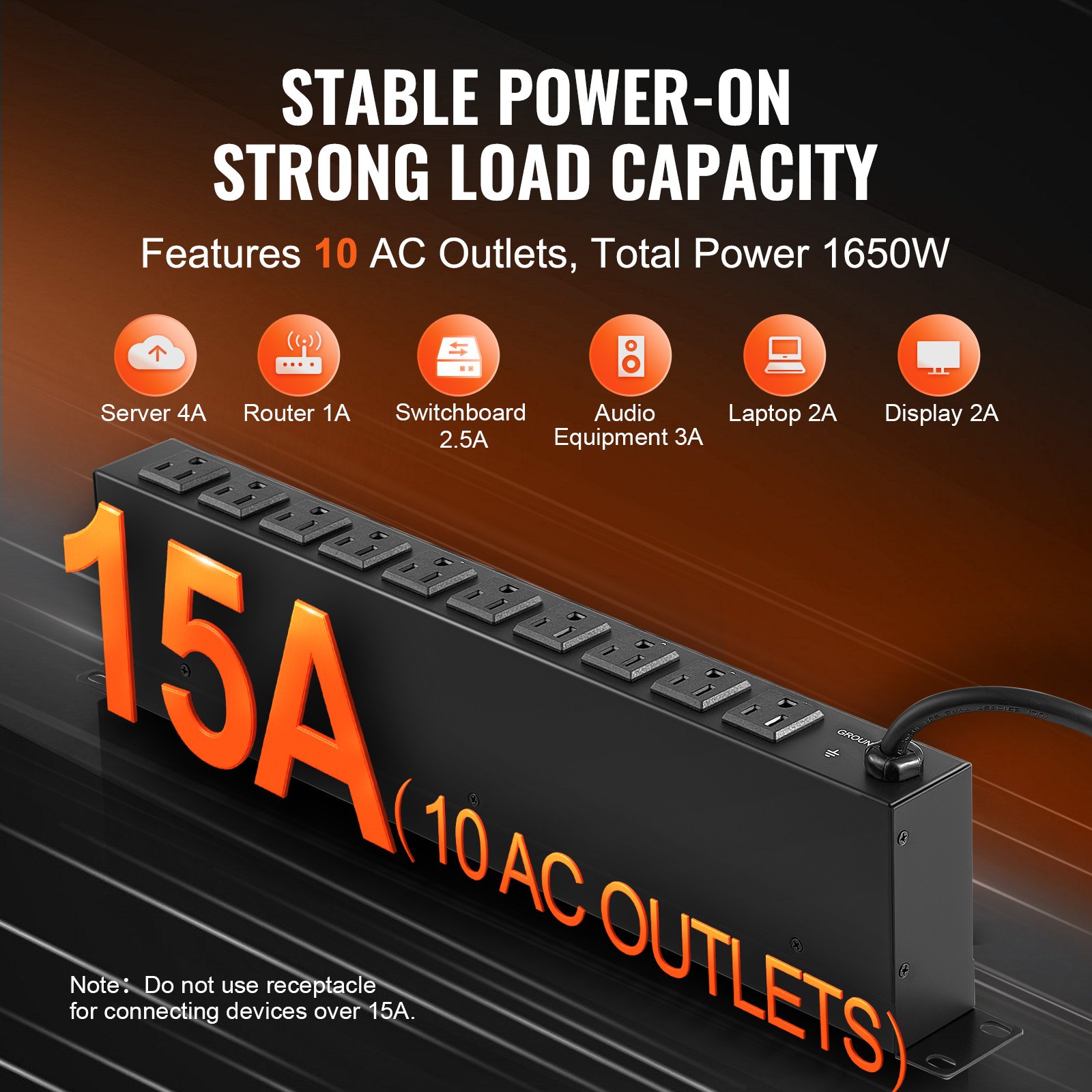 19’ 1U PDU 10 Outlets Rack Mount Power Strip Surge Overload Protection