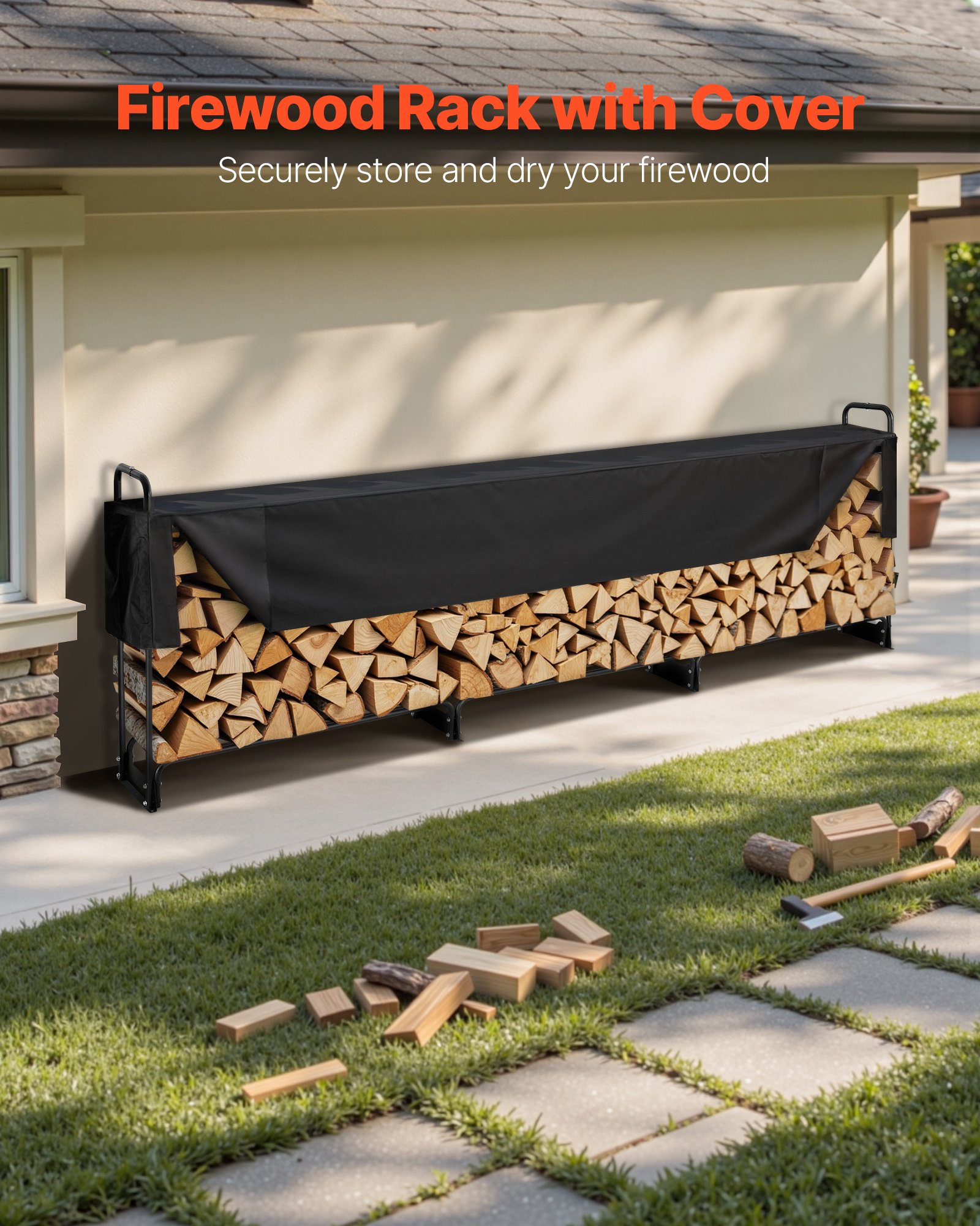 12.7FT Outdoor Firewood Rack, 152x14.2x46.1in, Heavy Duty Firewood Holder mit 600D Oxford Wasserfestem Deckel für Kamin, Terrasse, Indoor/Outdoor