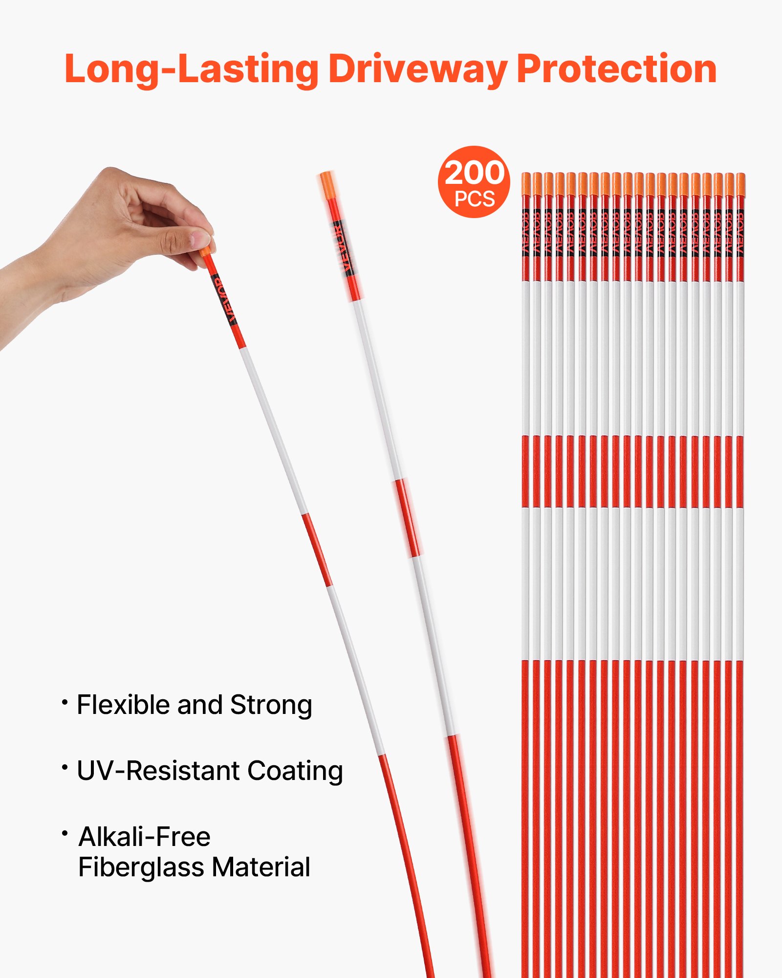 200 Reflektierende Markierungen für Einfahrten, 1/4" Durchmesser, 48" hoch, Orange