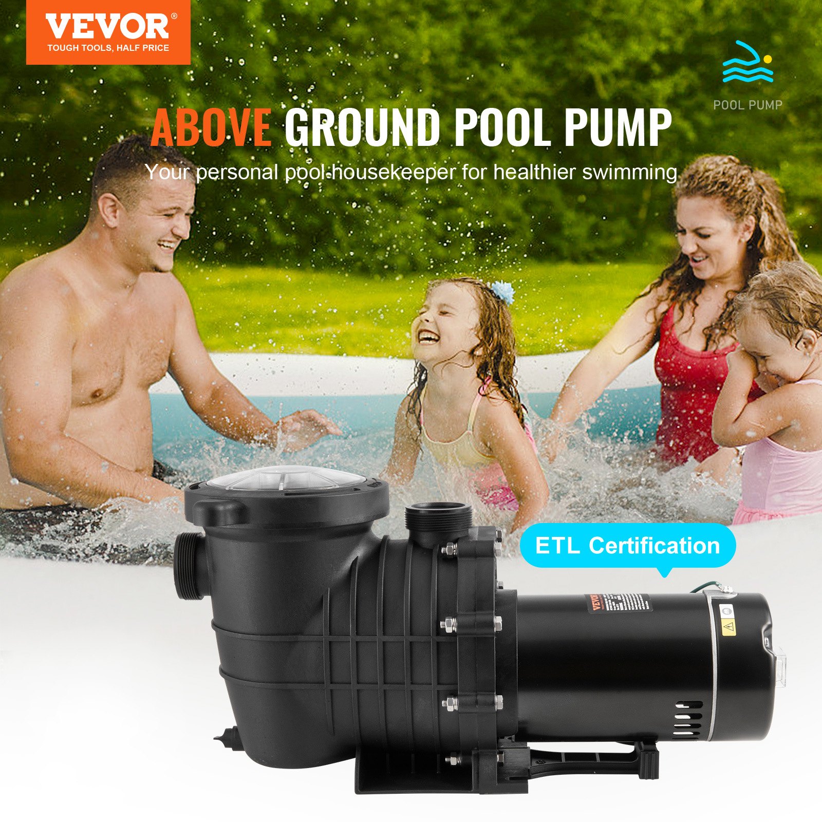 Pompa per piscina fuori terra, 1CV, flusso max. 80 GPM Velocità unica Pompe per piscina, 110V/240V 3450 RPM 34,4 ft max. testa Pompe con cesta filtrante, Per Ab
