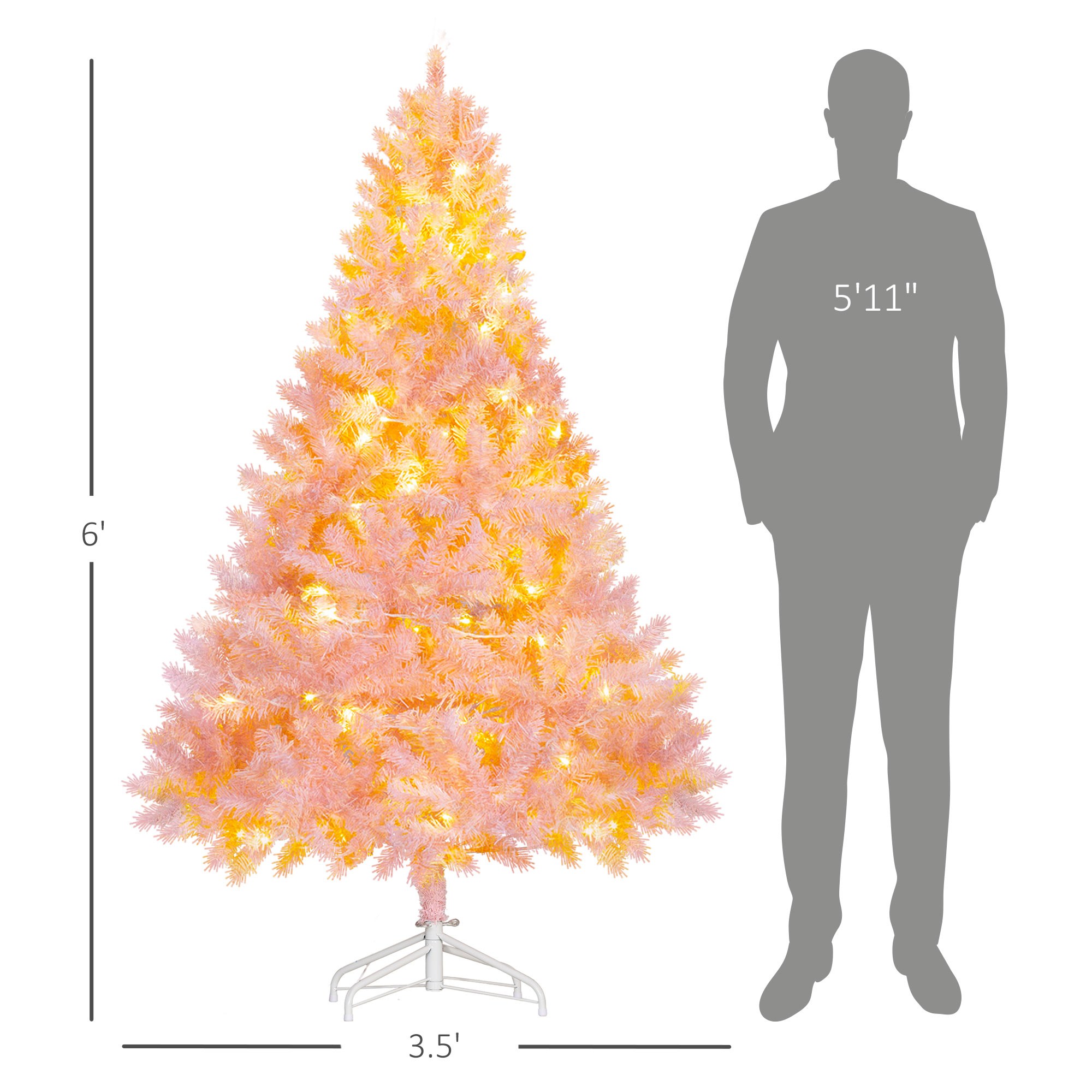 HOMCOM 6' Tall Prelit Douglas Fir Kunstweihnachtsbaum mit realistischen Zweigen, 250 warmweiße LED-Lichter und 1000 Spitzen, Pink