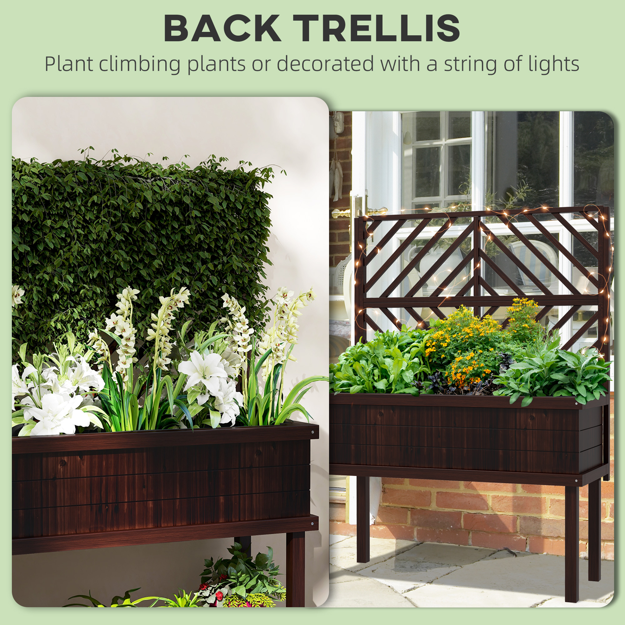 Elevated Wood Planter with Trellis for Climbing Plants, Raised Garden Bed with Legs and Drainage Holes, Carbonized