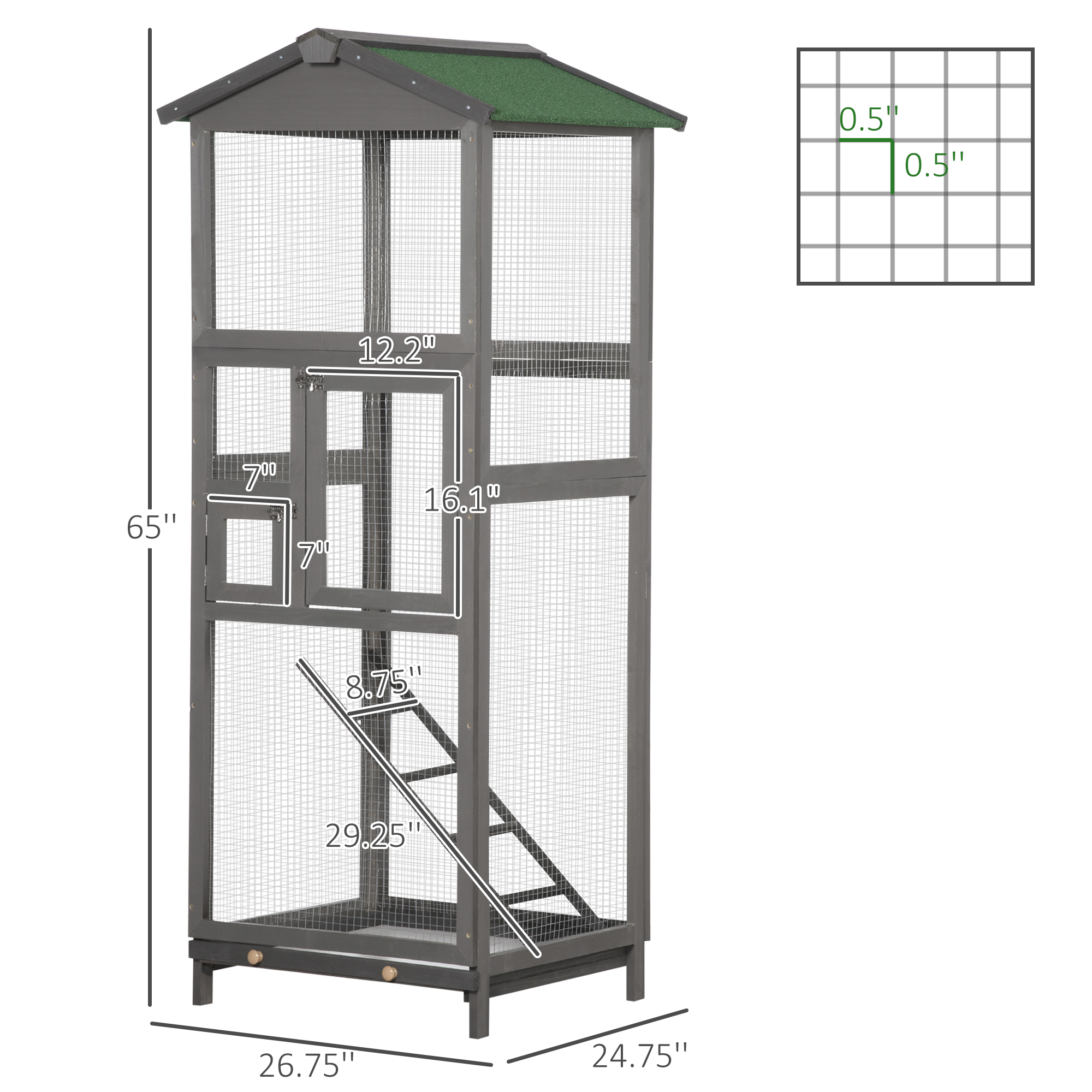 Caja para aves de madera de 65" para loro, periquito, con bandeja extraíble y 2 puertas, gris