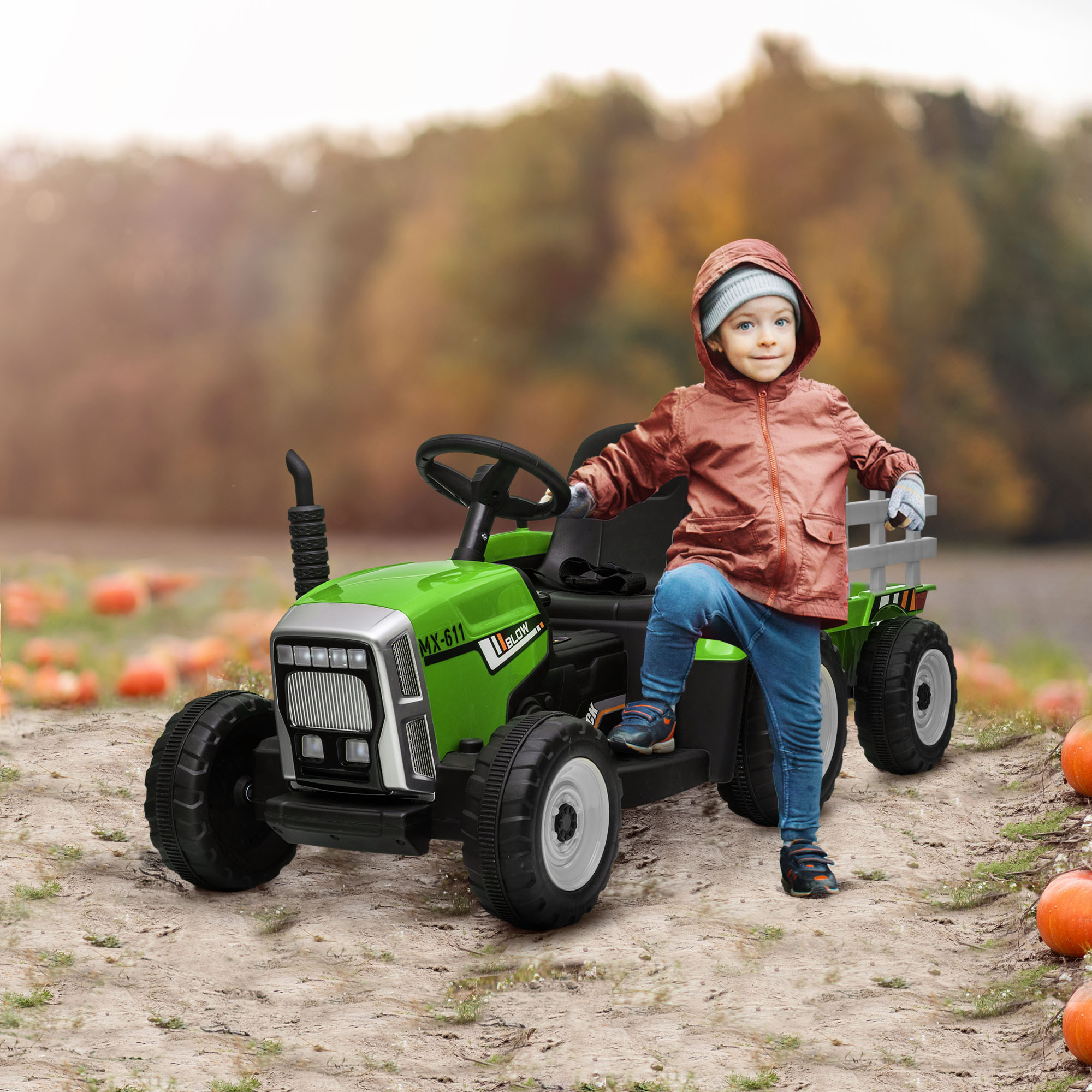 12V Kindertraktor mit Anhänger, 25W Dual-Motoren, batteriebetrieben, Fernbedienung, Musikstart und Hupe, LED-Lichter