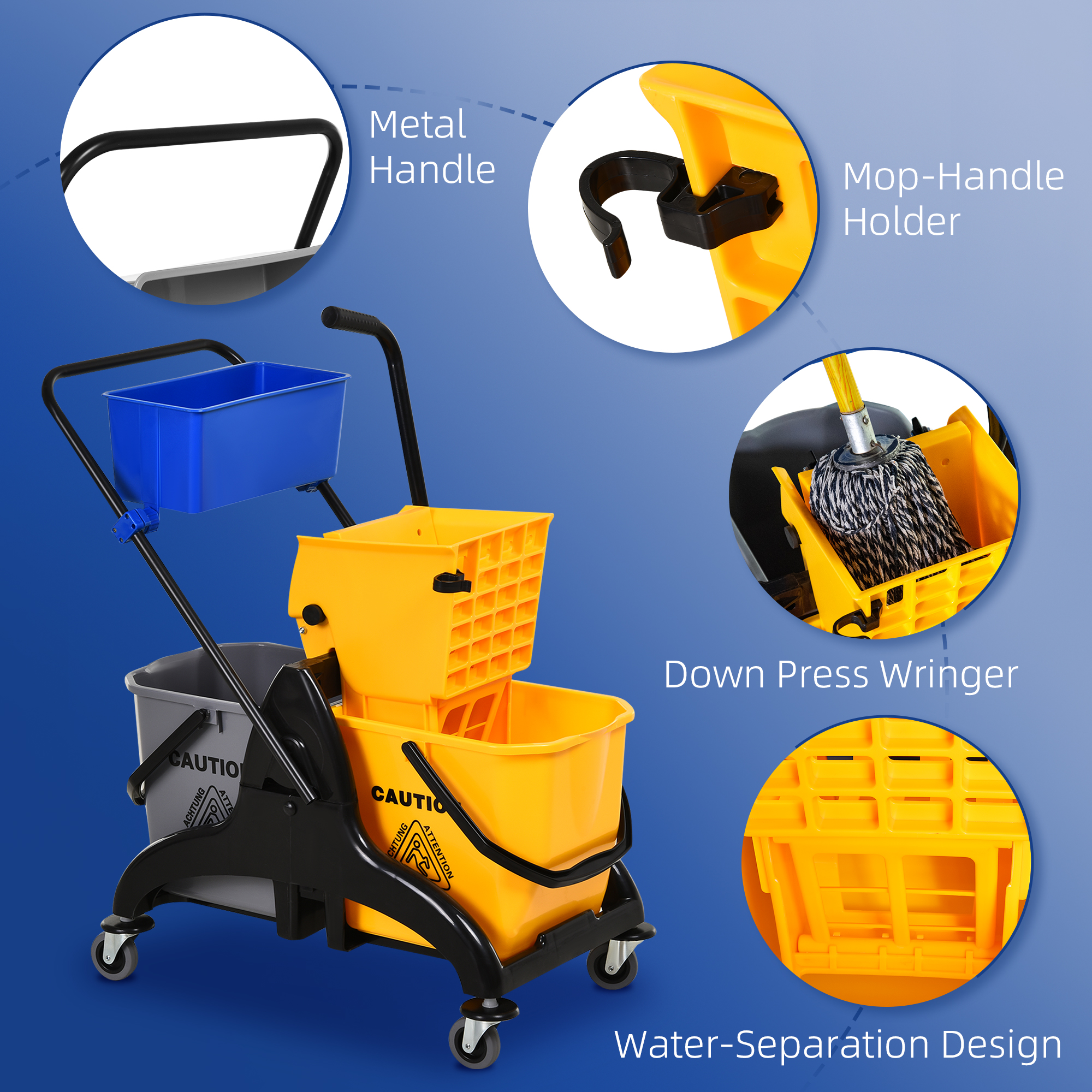 2 x 6.9 Gallon Mop Water Bucket Wringer Cart with Easy to Use Side Press Wringer, Smooth Wheels, Mop-Handle Holder