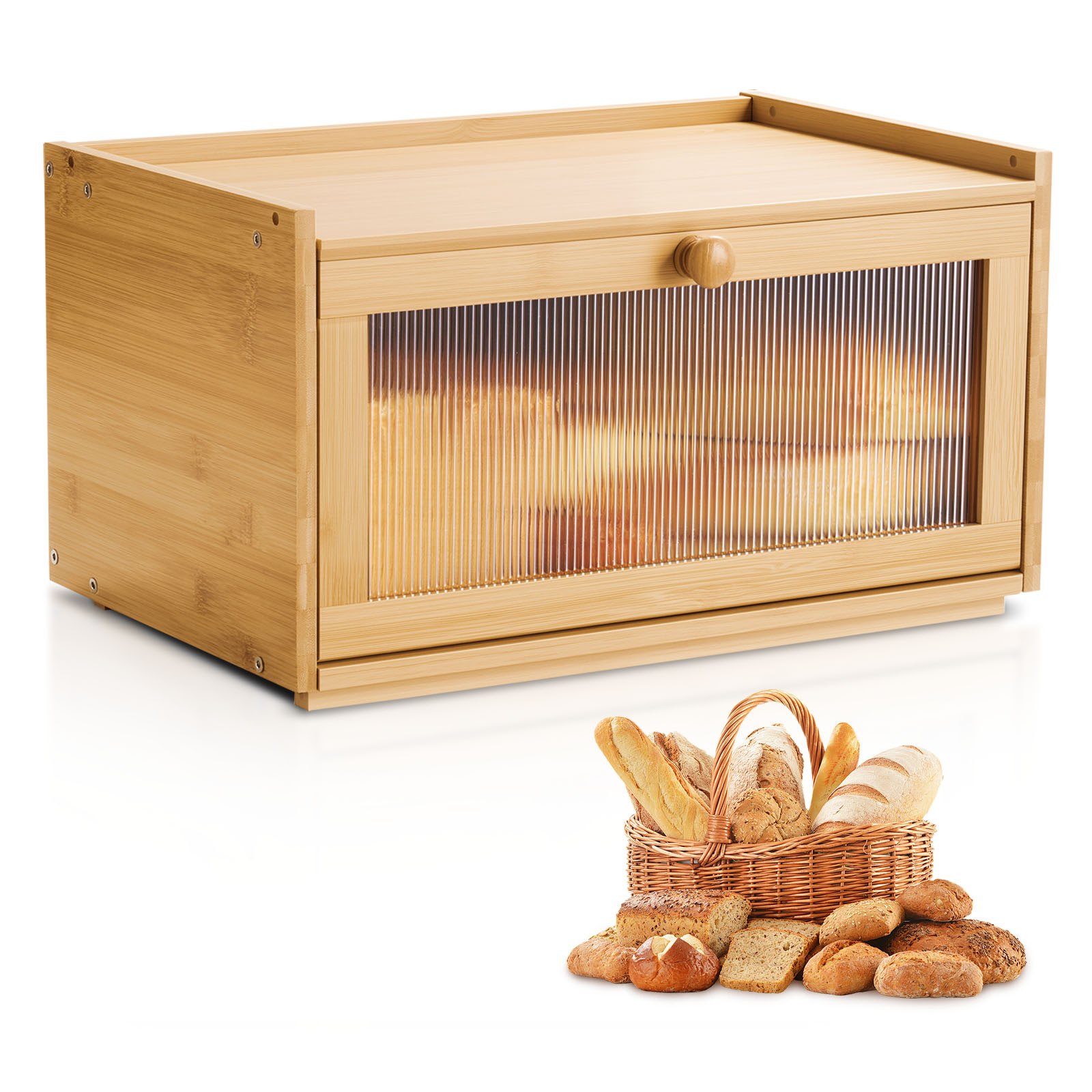 Brotkasten aus Holz mit gewellter Acryl-Türplatte, Natur