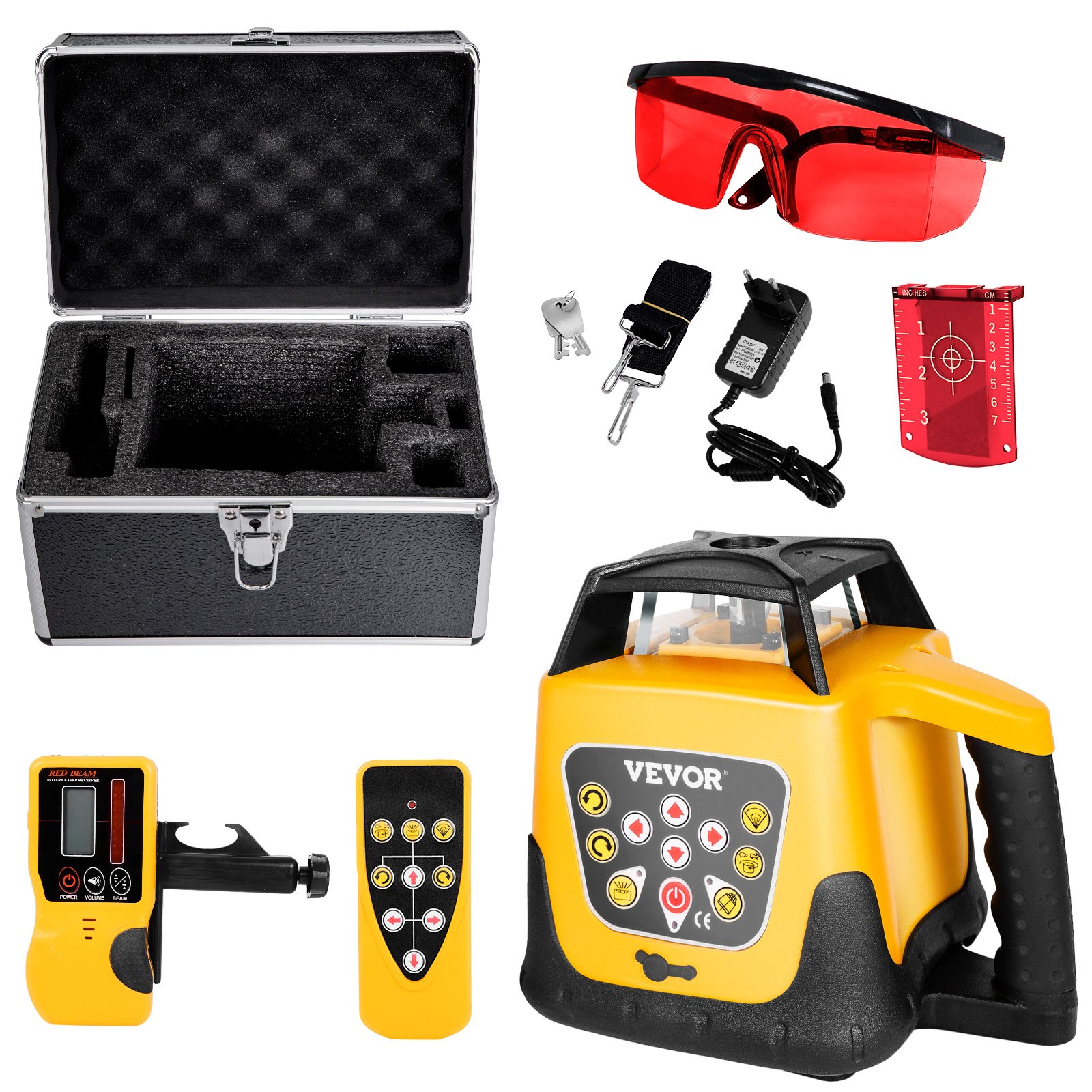 Rotationslaser-Wasserwaagen-Set mit Stativ und Messlatte, roter Strahl