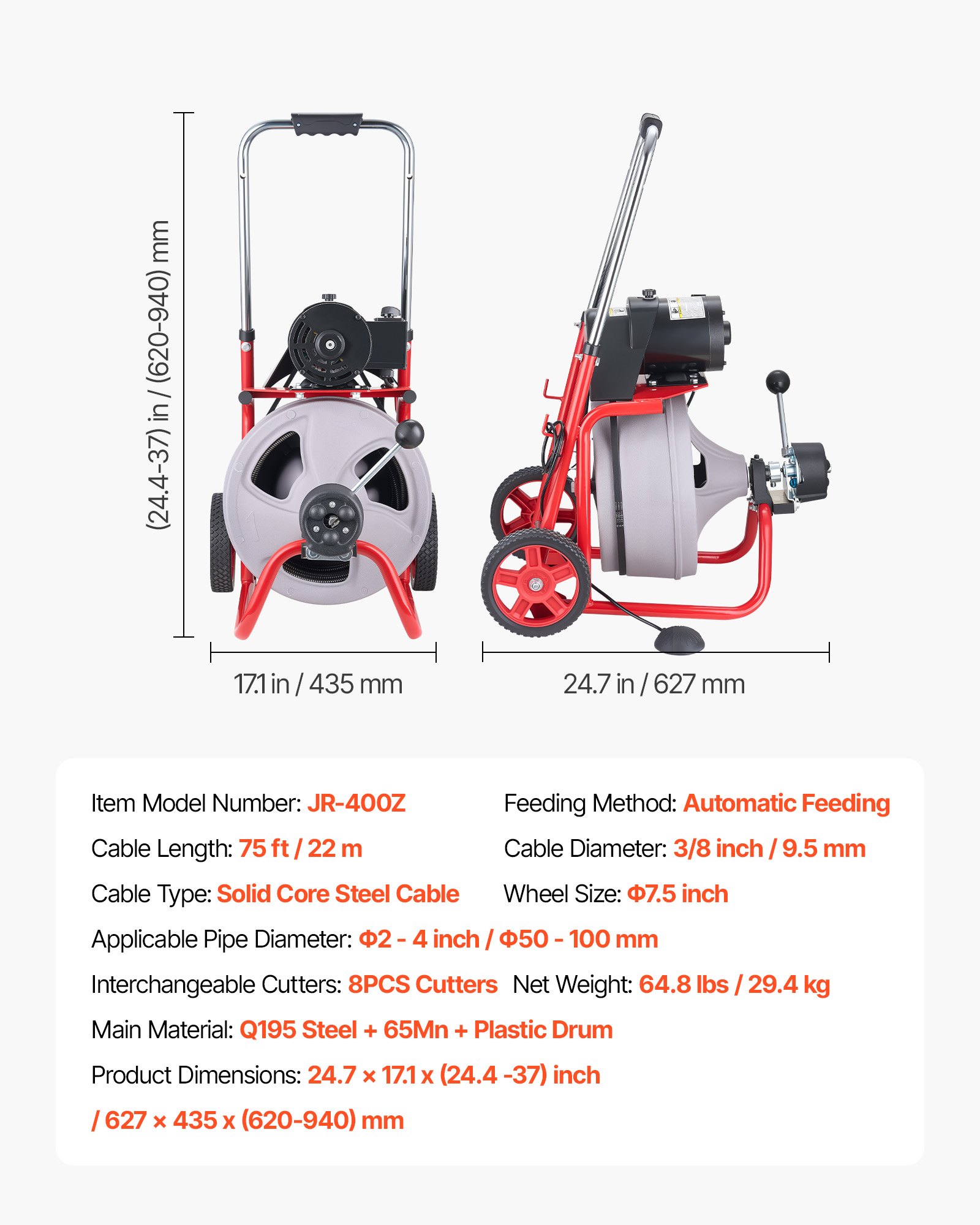 Drain Cleaner Machine 75 FT X 3/8 Inch, Auto Feed Sewer Snake Drain Auger On Wheels, Portable Drain Cleaning Machine With 8 Cutters & Air-Activated Fo