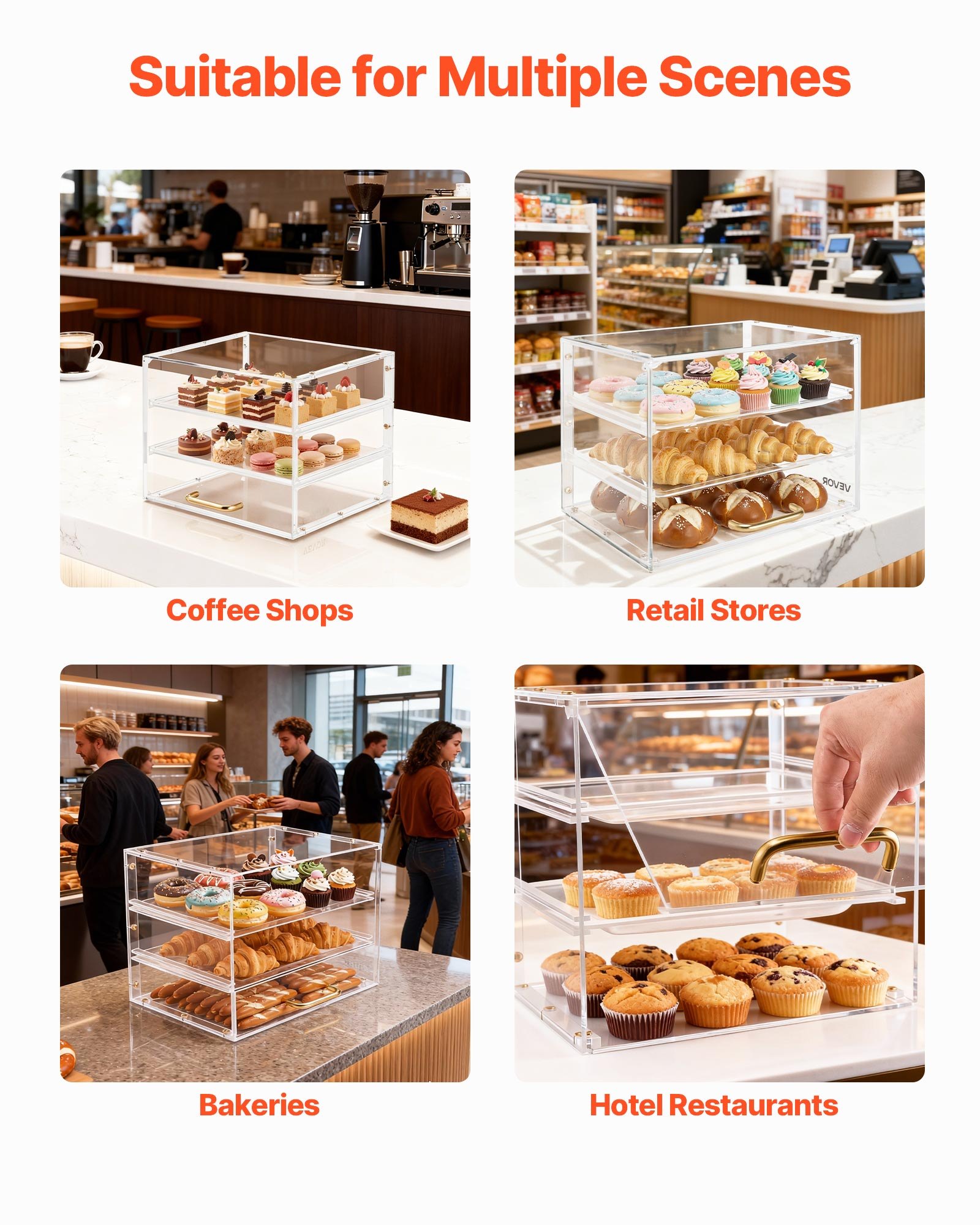 Bakery Display Case, 3-Tier Commercial Countertop Pastry Display Case, Clear Acrylic Bread Box For Kitchen, Party Cake Cabinet With Flip-Up Door For C