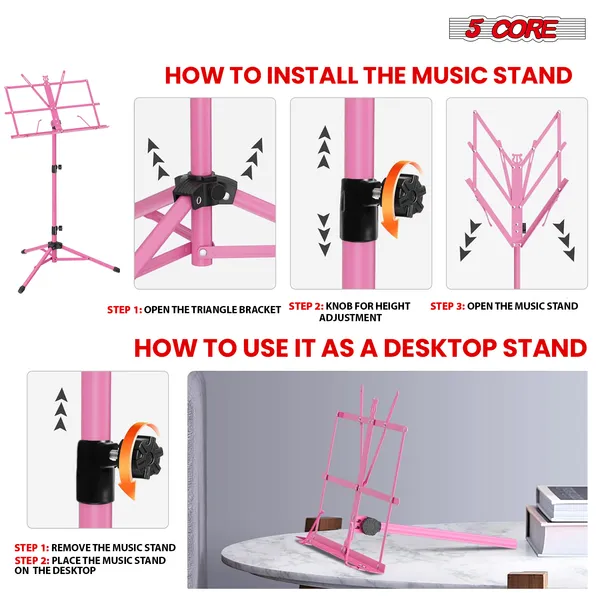 5 Core Music Stand Adjustable Desktop Book Stands Portable Sheet Holder All Metal Foldable Bookstand - MUS FLD PNK