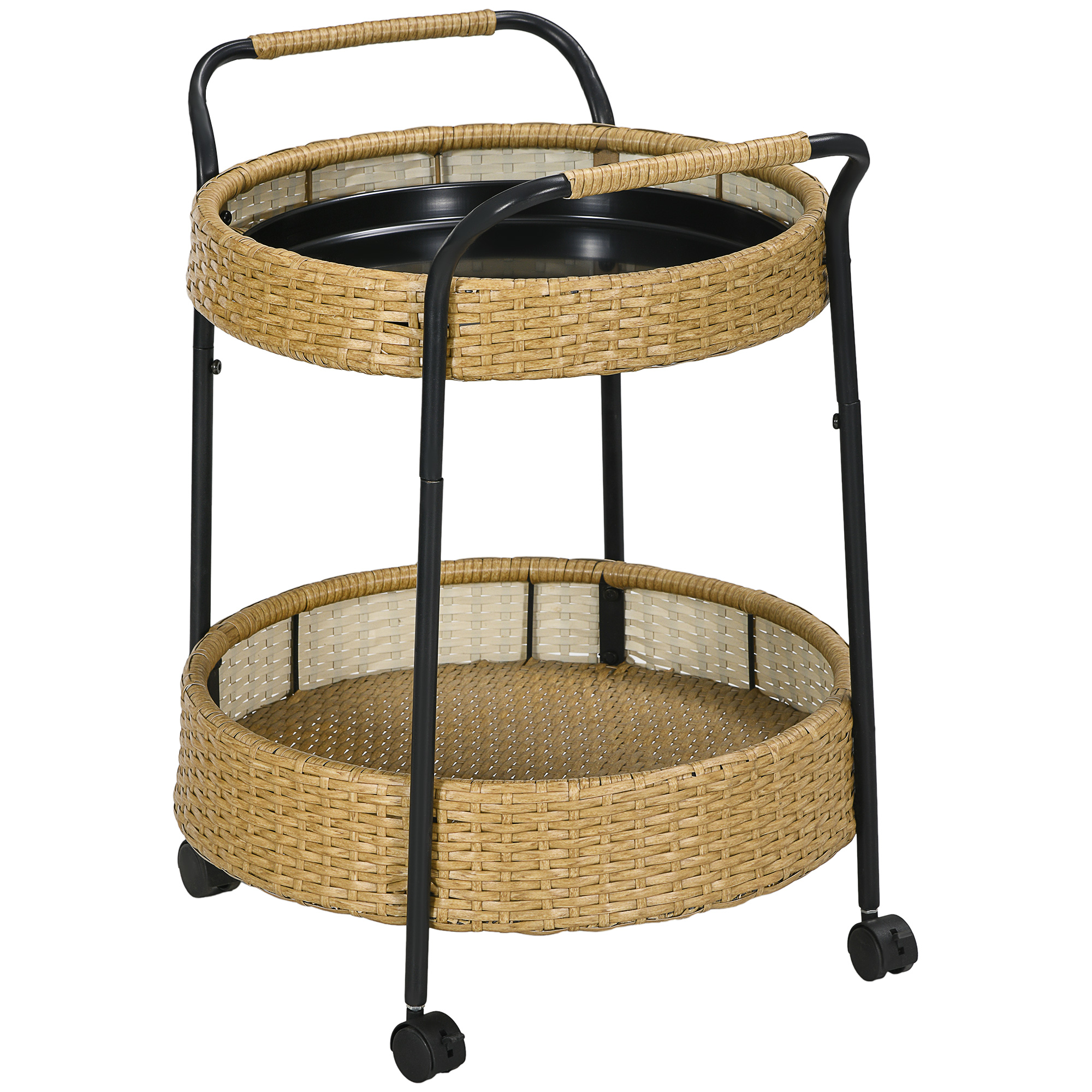 Runder Outdoor Servierwagen aus Polyrattan mit zwei Etagen und Bremsen