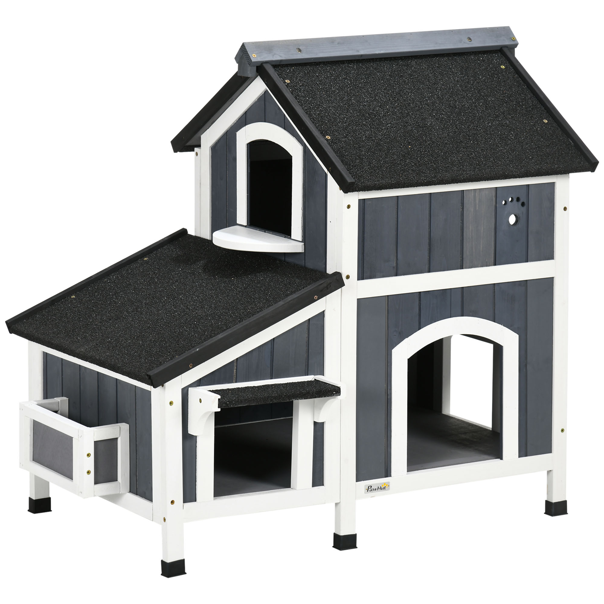 Zweistöckiges Outdoor-Katzenhaus aus Naturholz mit Asphaltdach