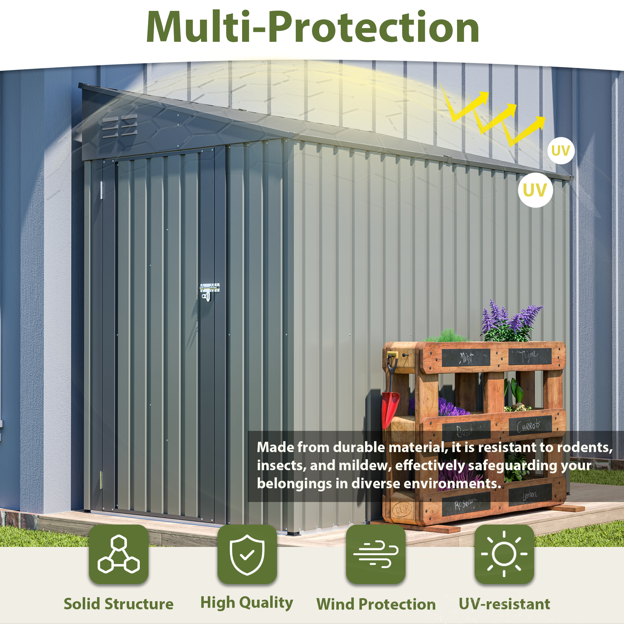 4x7 Fuß Lehn-Shed in Olivgrün, Stahl Outdoor-Speicher für Gartenwerkzeuge & Fahrräder