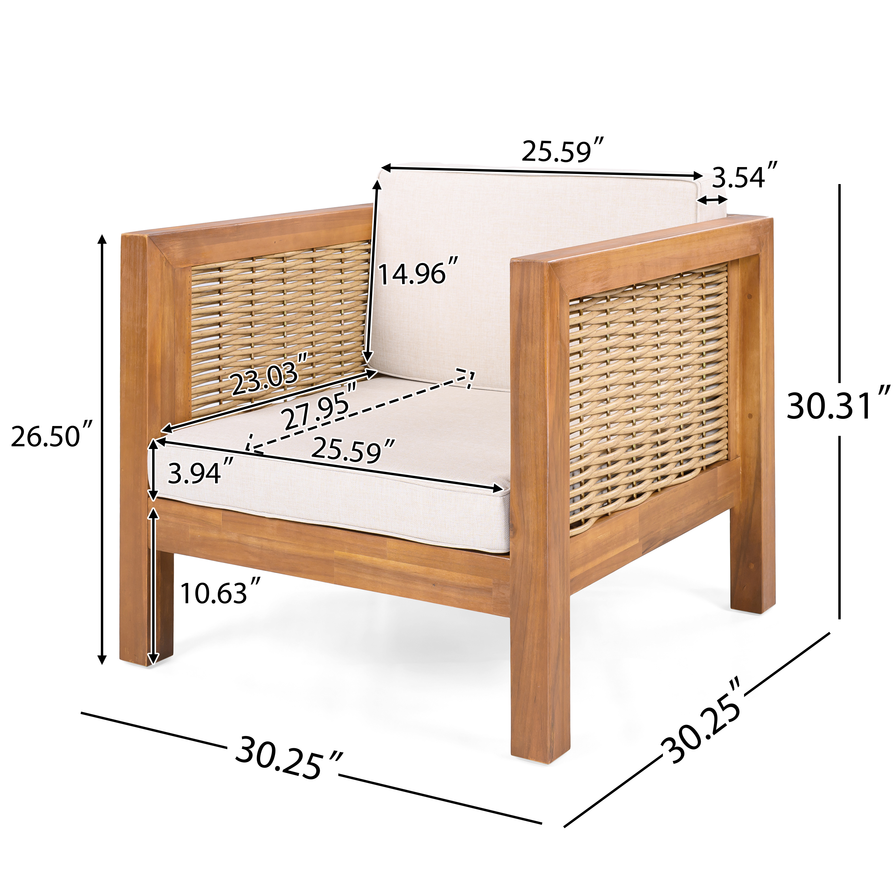 Acacia Holz Outdoor Club Chair mit Wicker Armlehnen und Beige Kissen, 400 lbs Kapazität