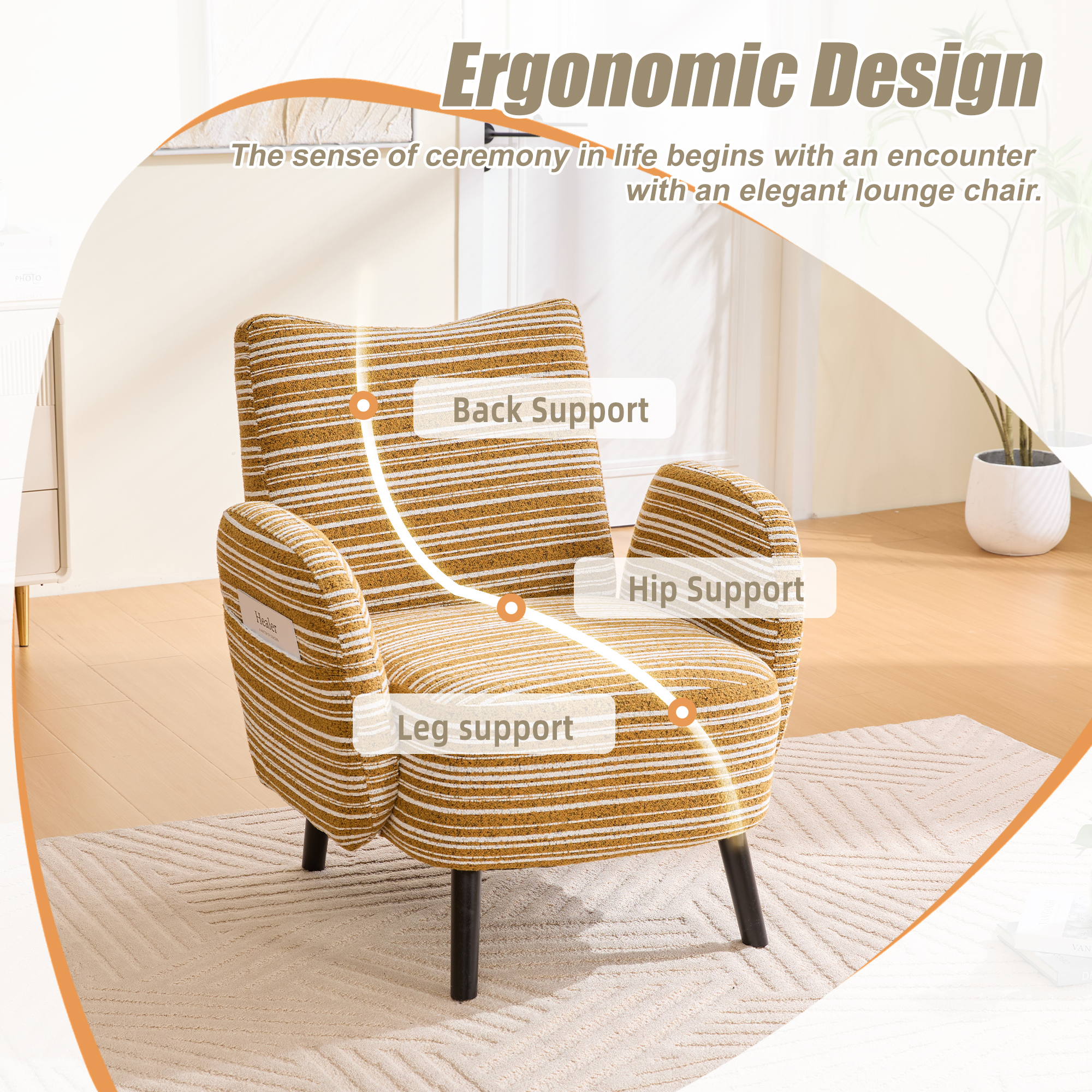 Modern Style Armchair With Sanded Fabric, Side Storage Pocket, Solid Wood Legs, Comfortable Reading Chair For Living Room, Bedroom, Office