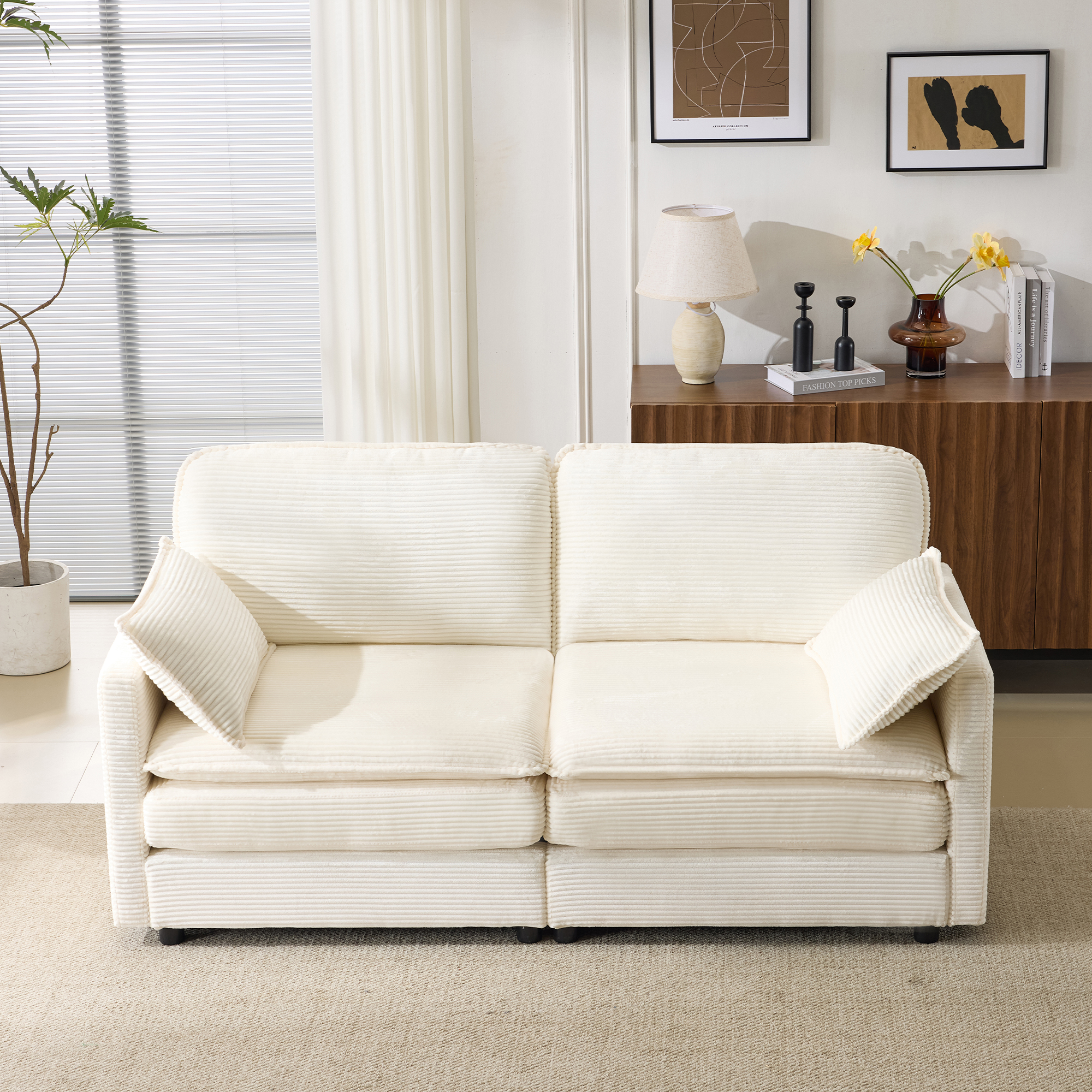 69 DIVANO NUVO PLUSH MODULARE 2 POSTI DIVANO SEZIONALE CON 22 CUSCINI BEIGE CHENILLE 2 CUSCINI LANCIA - DIMENSIONE COMPATTA PER APPARTAMENTO, SALA,