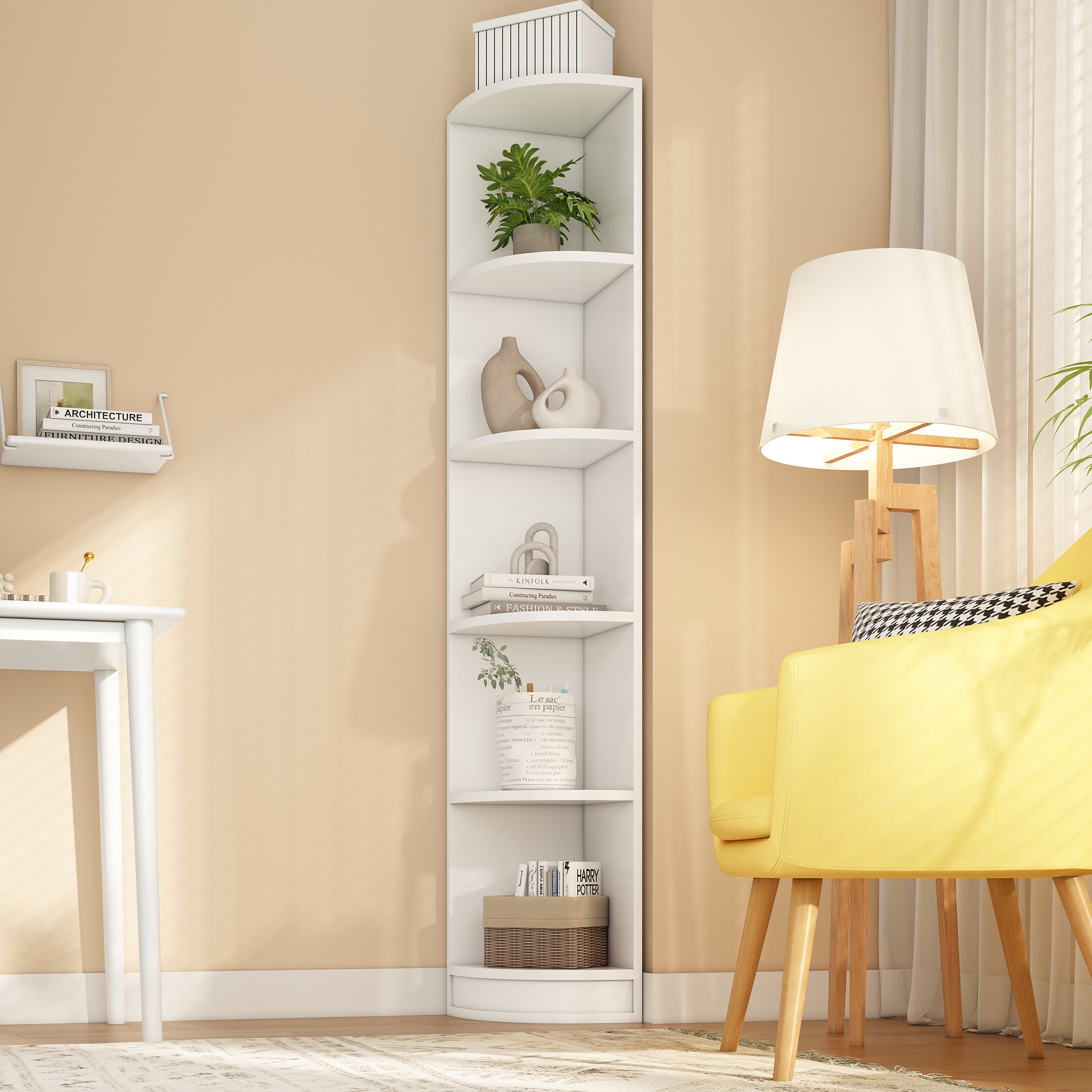 Eckregal mit fünf Böden aus MDF, weiß