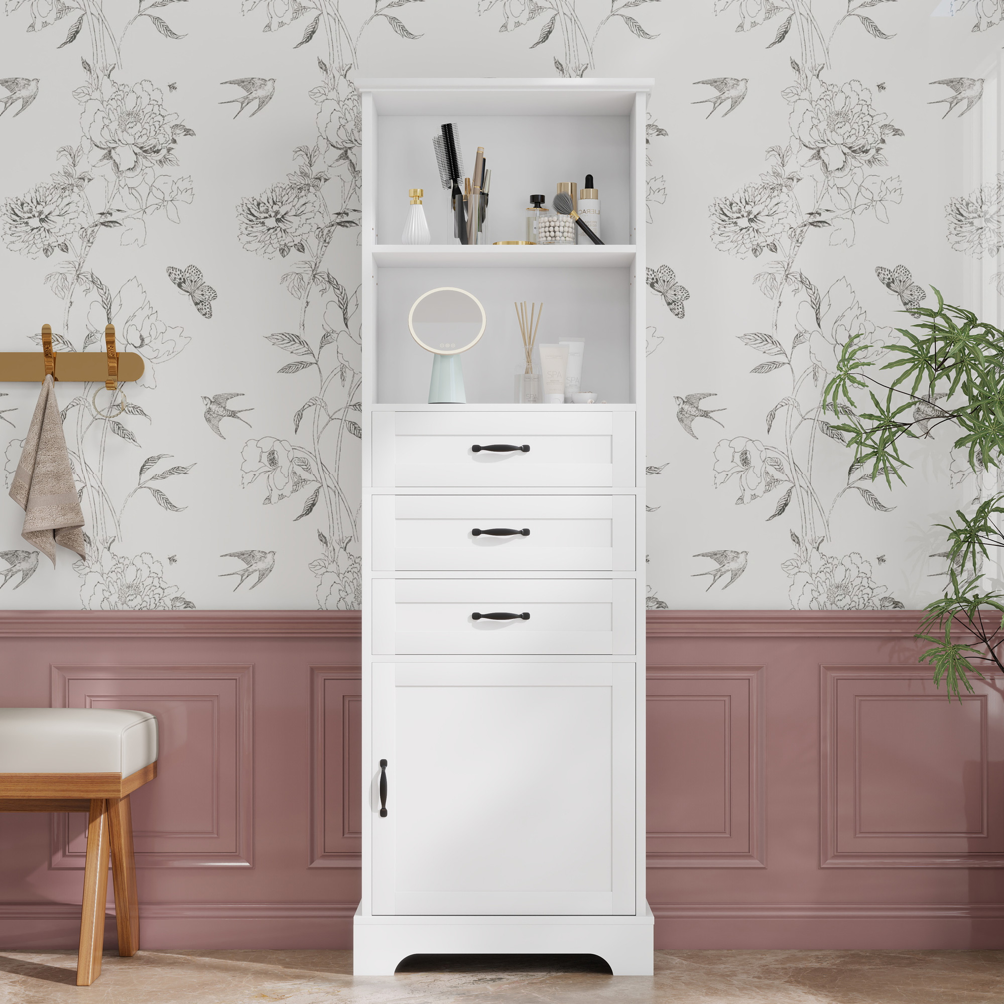 56 x 25,6 x 167 cmArmadio bagno, interamente laccato, tre cassetti - scaffali aperti - compartimento di storage, scaffali regolabili, maniglie nere, cabina alta