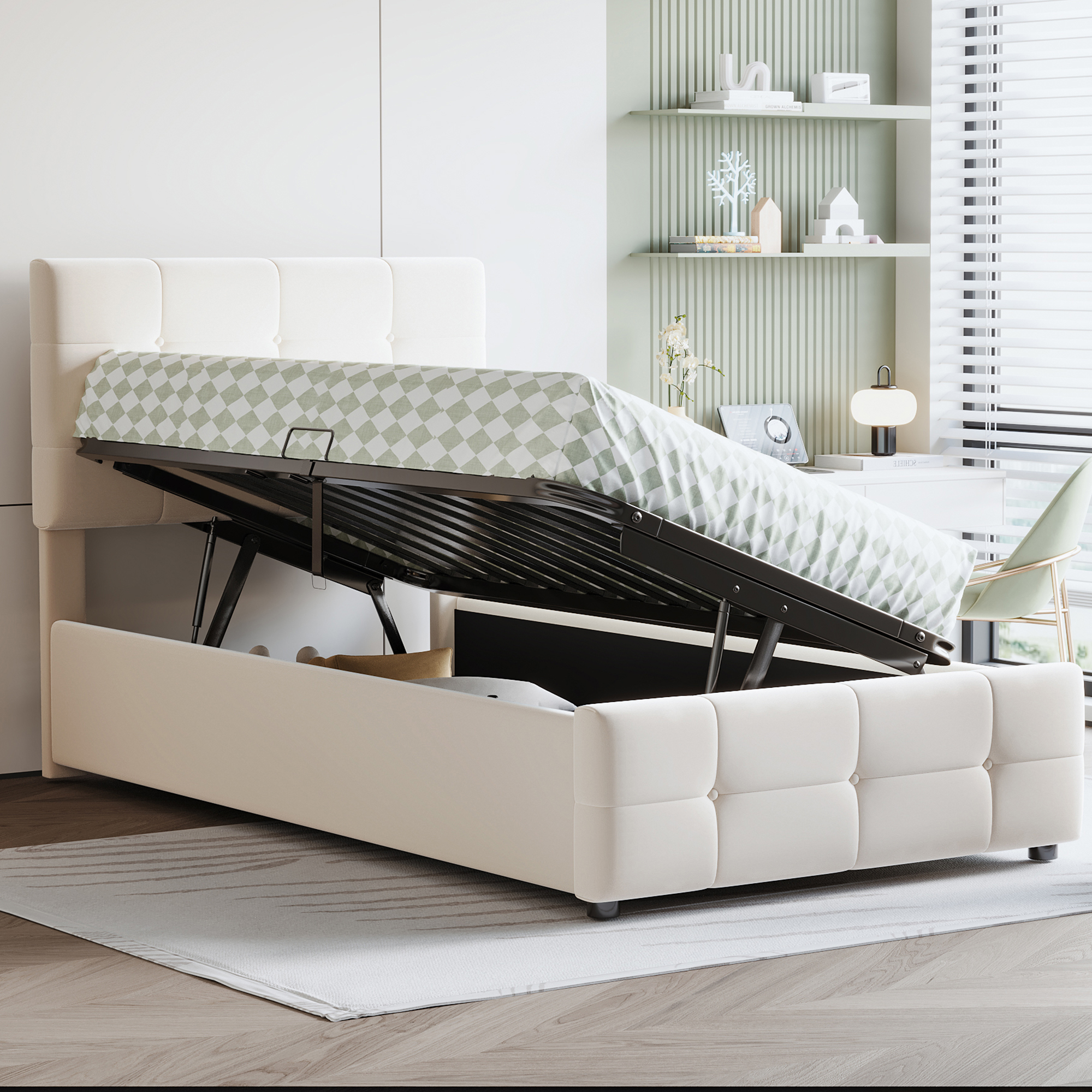 Gepolstertes Kinderbett 90x200 cm mit Stauraum, Beige